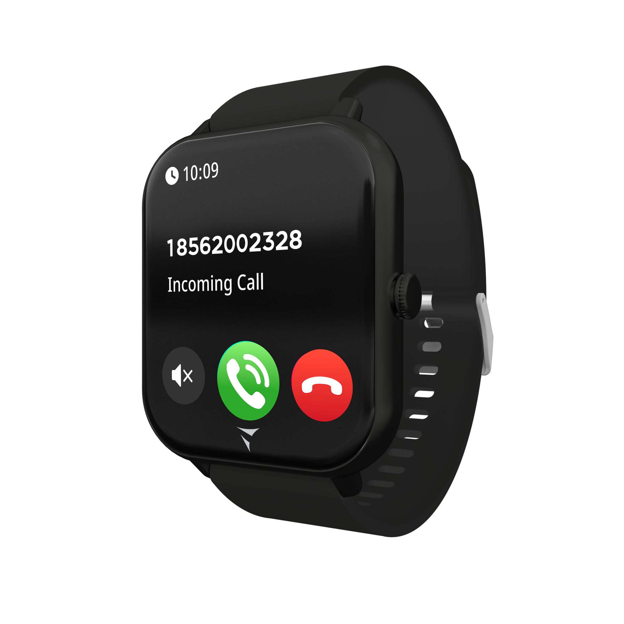 Lo smartwatch Techmade Vision Revolution mostra una chiamata in arrivo sullo schermo nero. Lo schermo mostra il numero di telefono e le opzioni per rispondere o rifiutare la chiamata. L'orologio ha un cinturino nero e un pulsante laterale.