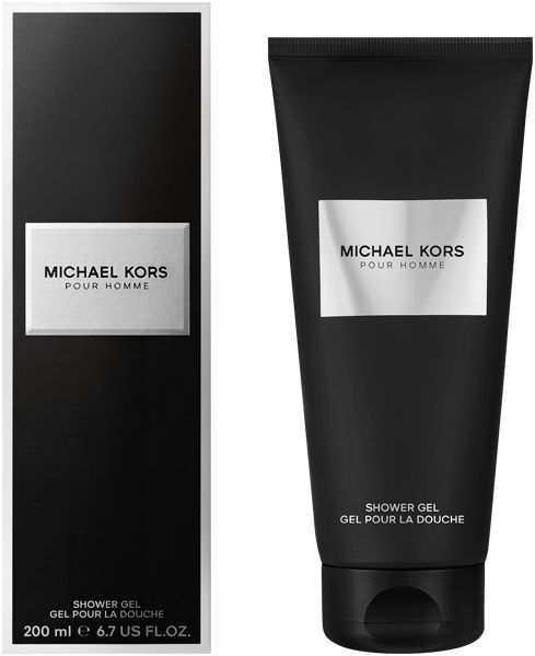 Schwarze Tube und Schachtel mit Produktinformationen. Aufschrift: Michael Kors Pour Homme. Text: Shower Gel, Gel pour la douche.