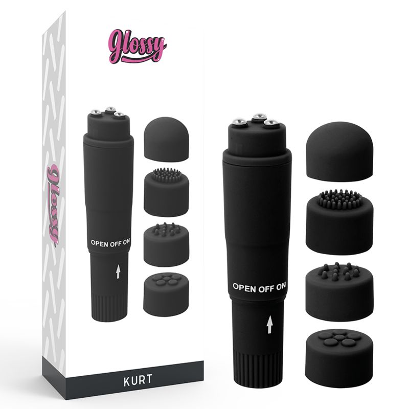 Zwei schwarze Vibratoren mit Aufsätzen und Verpackung. Auf der Verpackung steht "Glossy" und "KURT". Auf den Geräten steht "OPEN OFF ON".