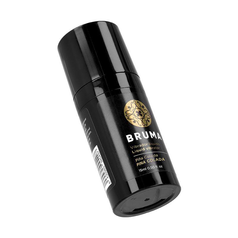 Schwarze Flasche mit goldener Verzierung und Aufschrift 'BRUMA Liquid Vibrator Piña Colada'.