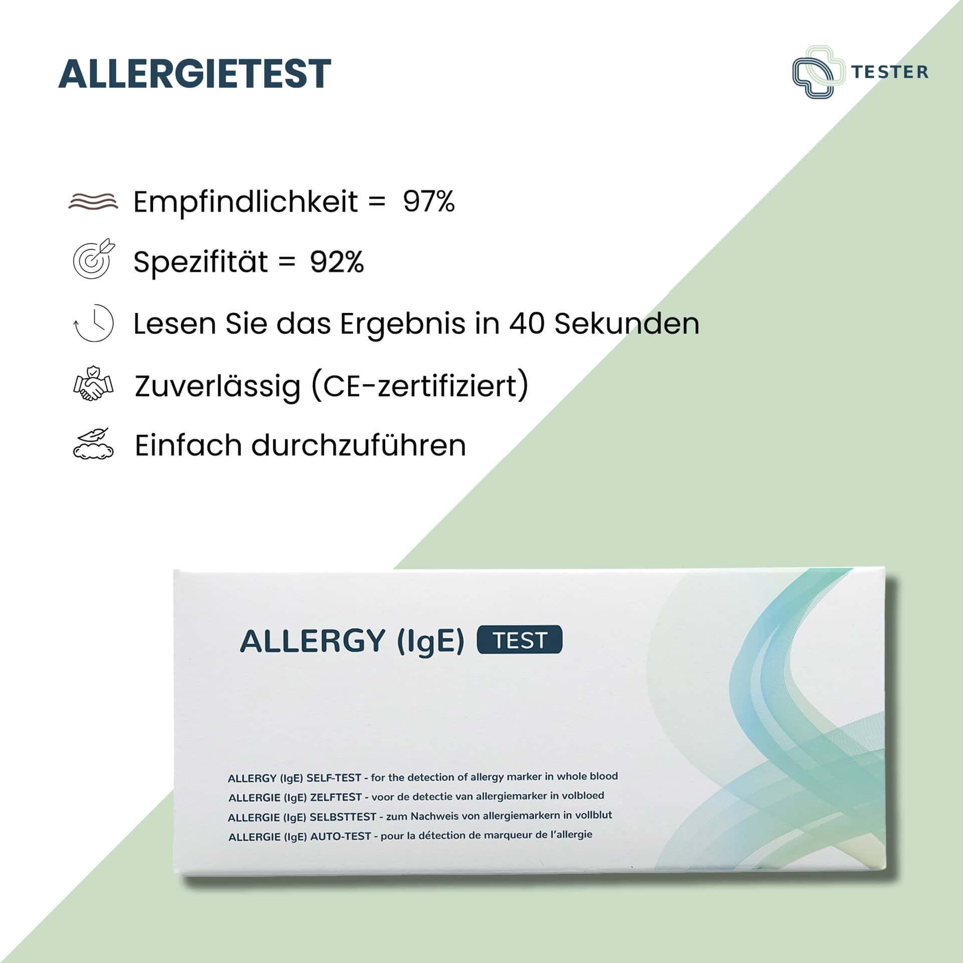 Allergietest (IgE) Test-Box mit Informationen zu Empfindlichkeit, Spezifität und Ergebnistestzeit.