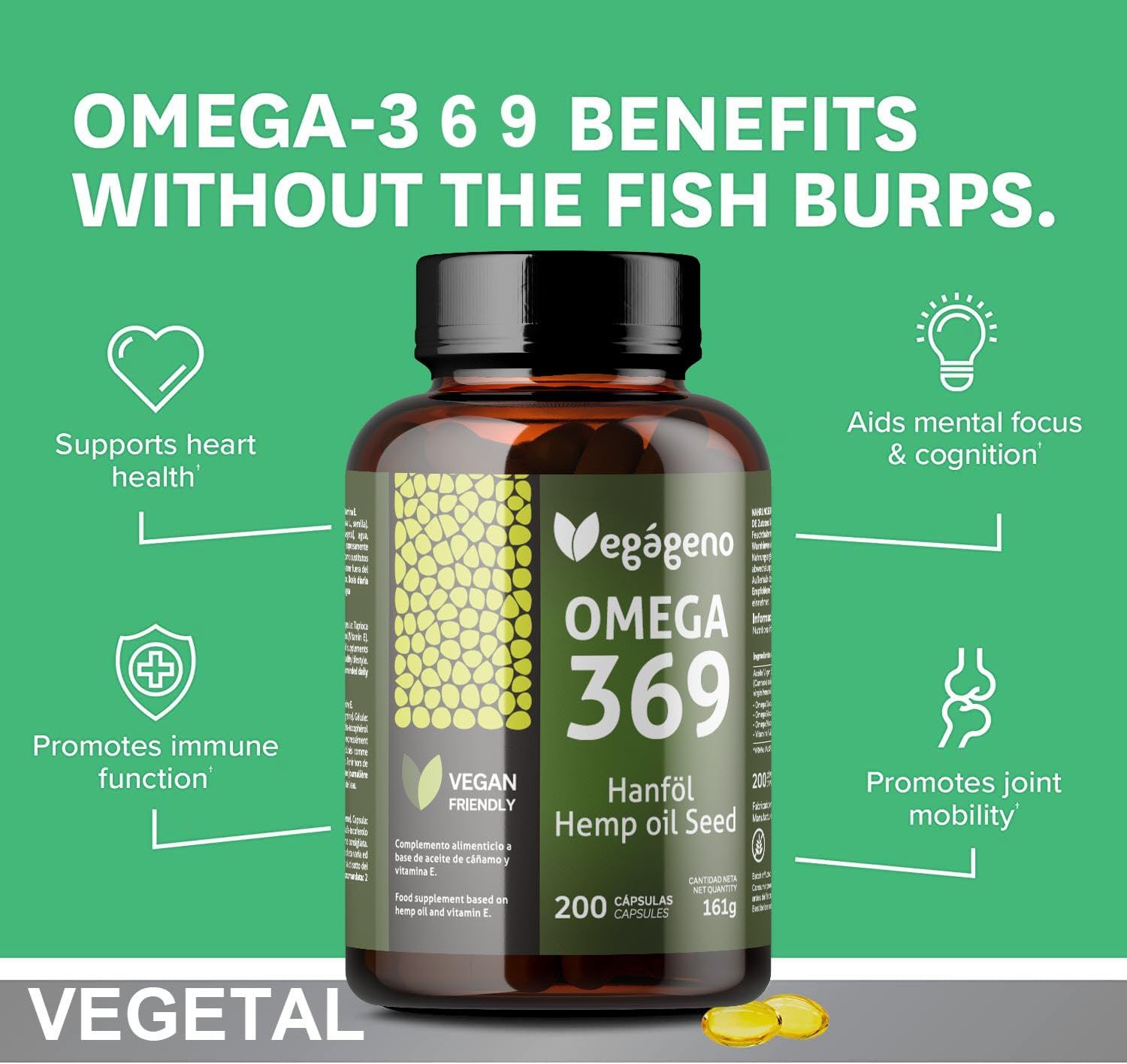 Braune Flasche mit VEGÁGENO Omega 3-6-9 Kapseln. Aufschrift: Omega 369, Hanföl, 200 Kapseln. Vegan-Siegel. Vorteile: Herzgesundheit, Immunsystem, Konzentration, Gelenke.