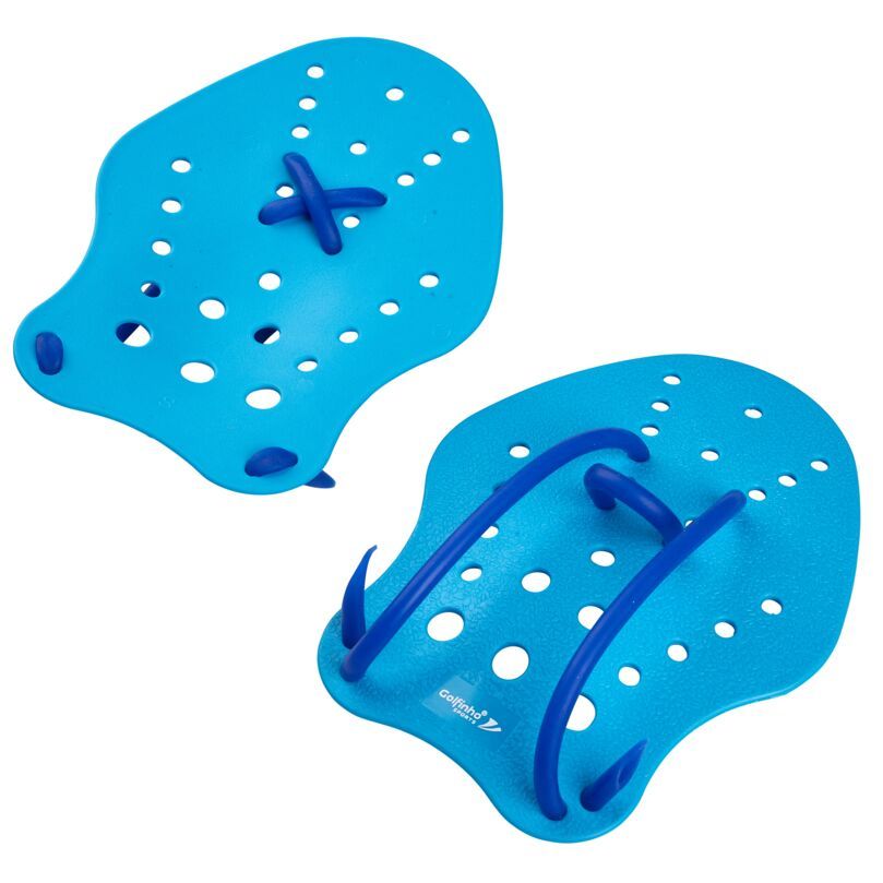 Zwei blaue Handpaddles mit Löchern und Riemen. Das Logo "Oxford" ist sichtbar.