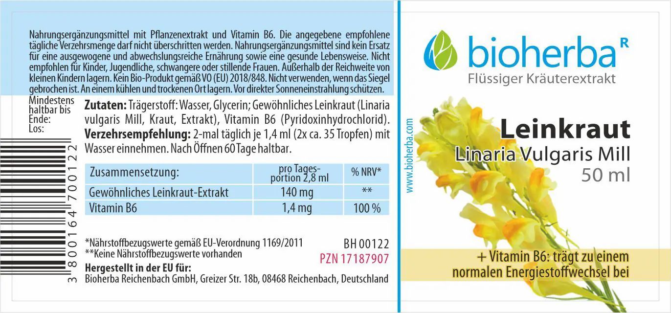 Etikett mit Produktnamen, floraler Illustration und Text. Marke: Bioherba. Enthält Informationen zu Inhaltsstoffen und Nährwerten.