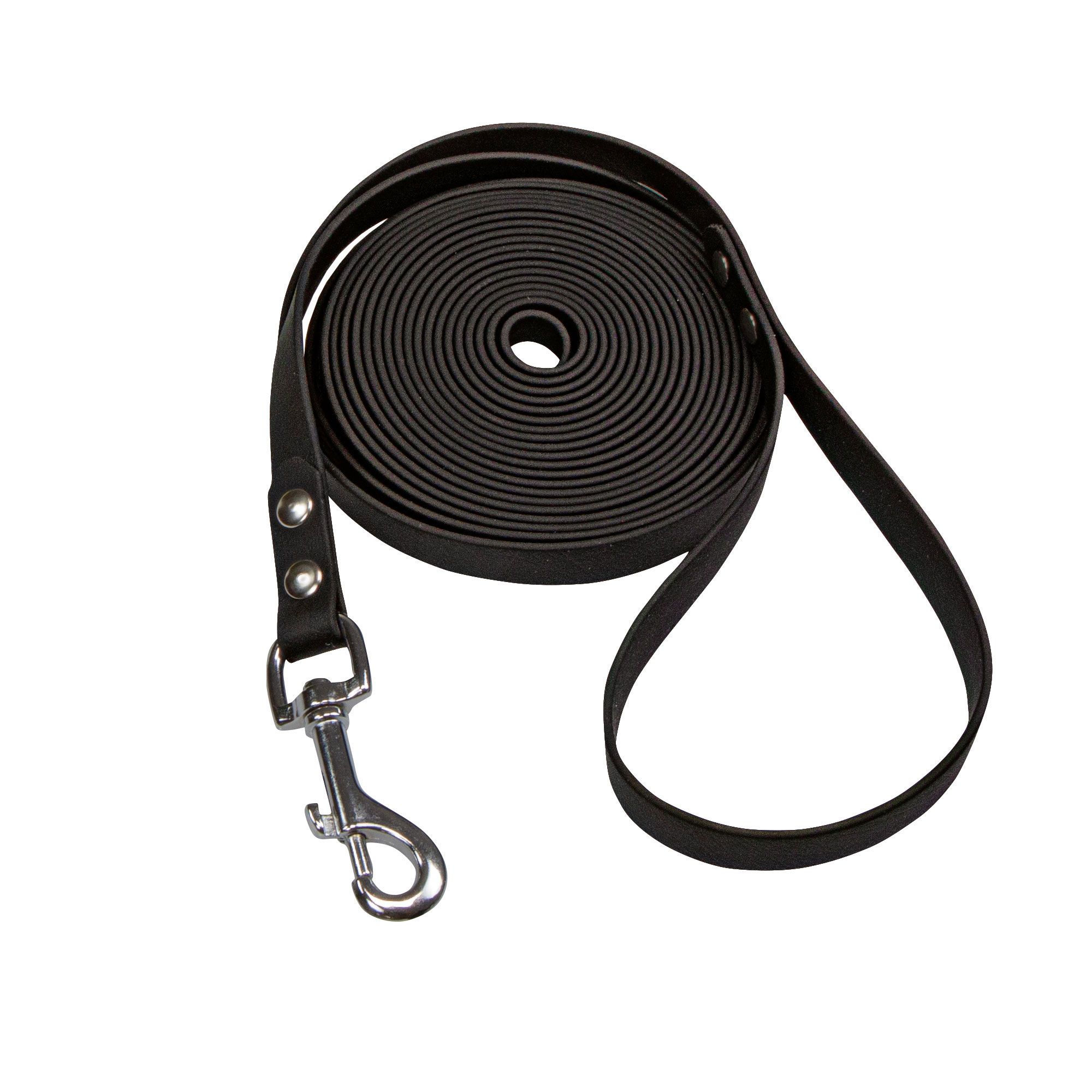 Schecker Schwarze Biothane® Schleppleine mit Handschlaufe -10m/19mm - witterungsbeständig