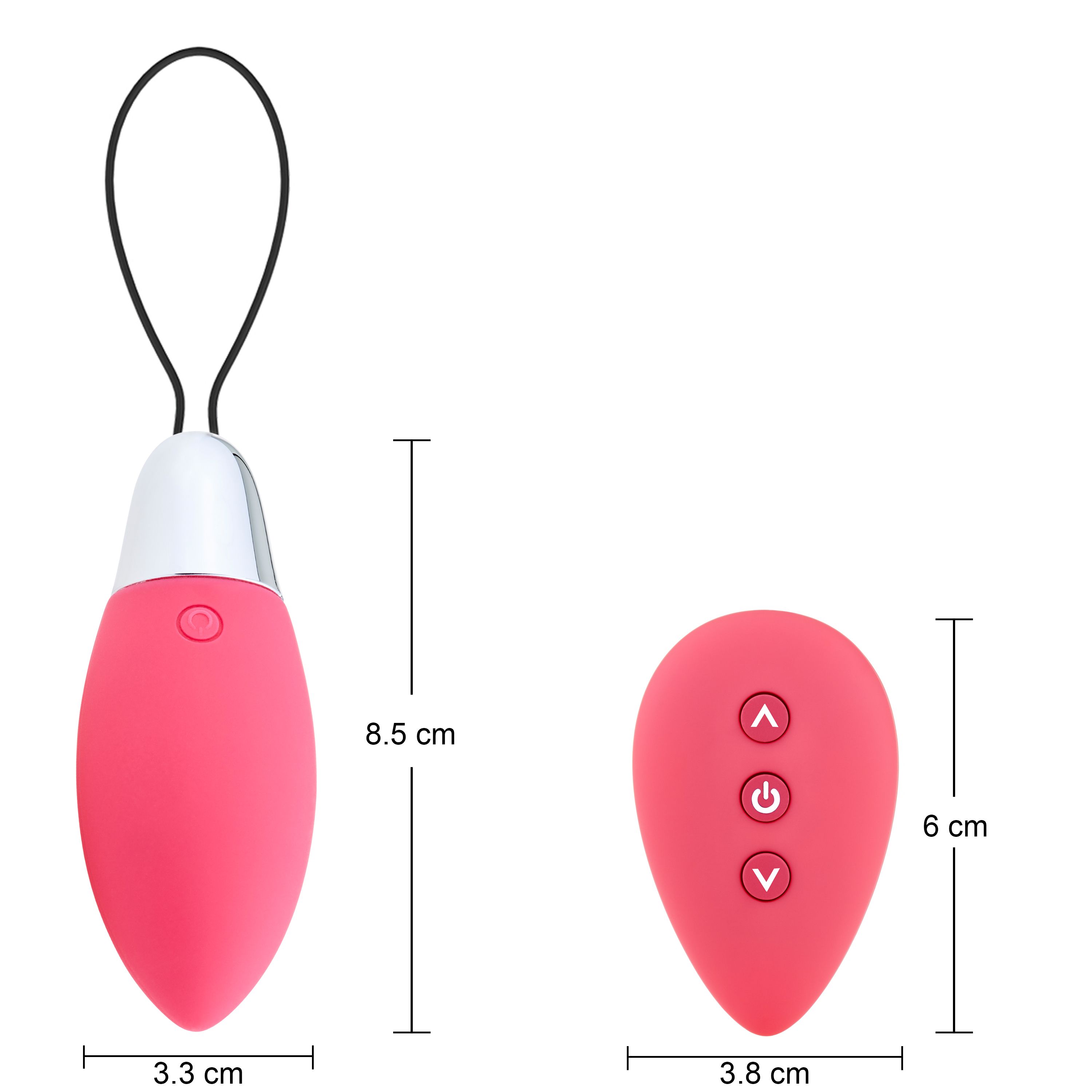 Rosa Vibrator mit schwarzer Schlaufe, silbernem Kopf und Fernbedienung. Abmessungen: 8,5 cm x 3,3 cm und 6 cm x 3,8 cm.