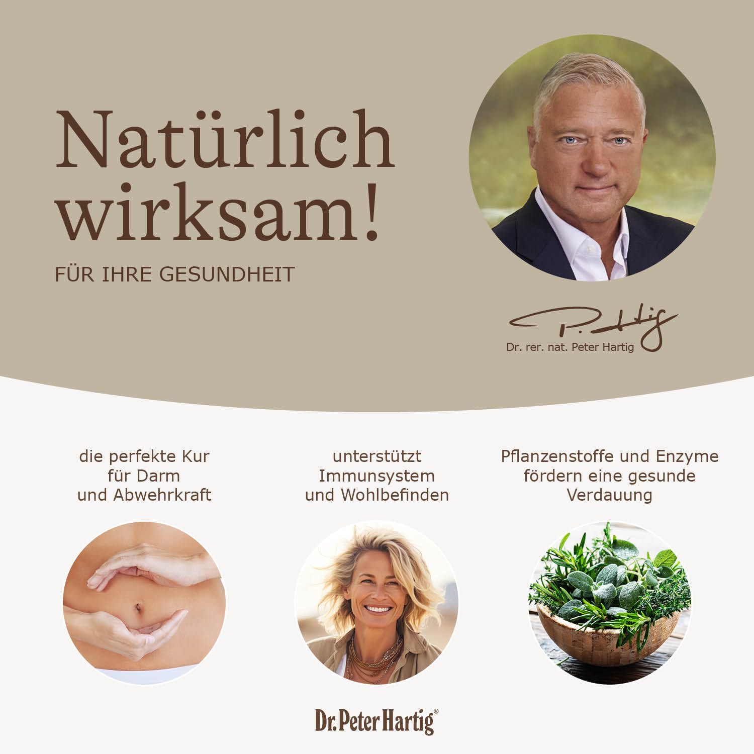 Grafik: Natürlich wirksam! Für Ihre Gesundheit. Bilder: Darm, Frau, Kräuter. Text: unterstützt Immunsystem, gesunde Verdauung.