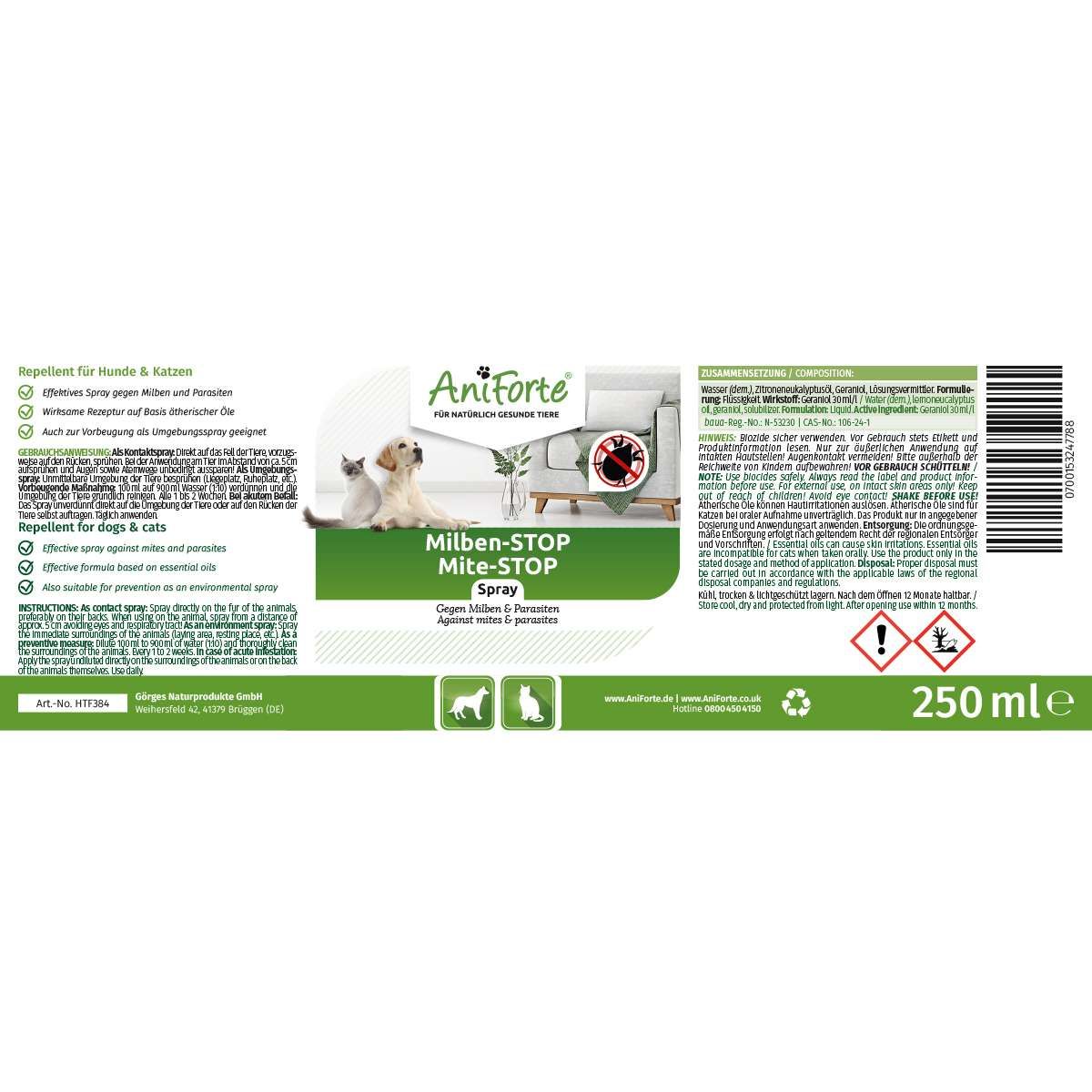 Etikett mit Text: AniForte, Milben-STOP Spray. Illustrationen von Hund, Katze. Text: 250 ml. Warnhinweise und Inhaltsstoffe.