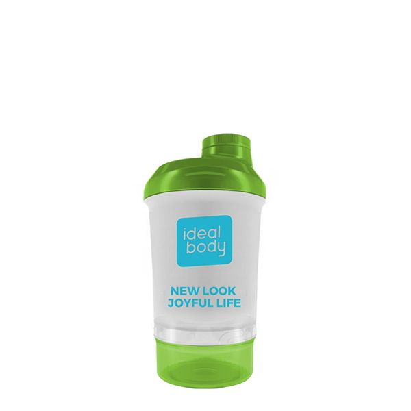 Shaker mit grünem Deckel und Boden. Aufschrift "ideal body" und "NEW LOOK JOYFUL LIFE".