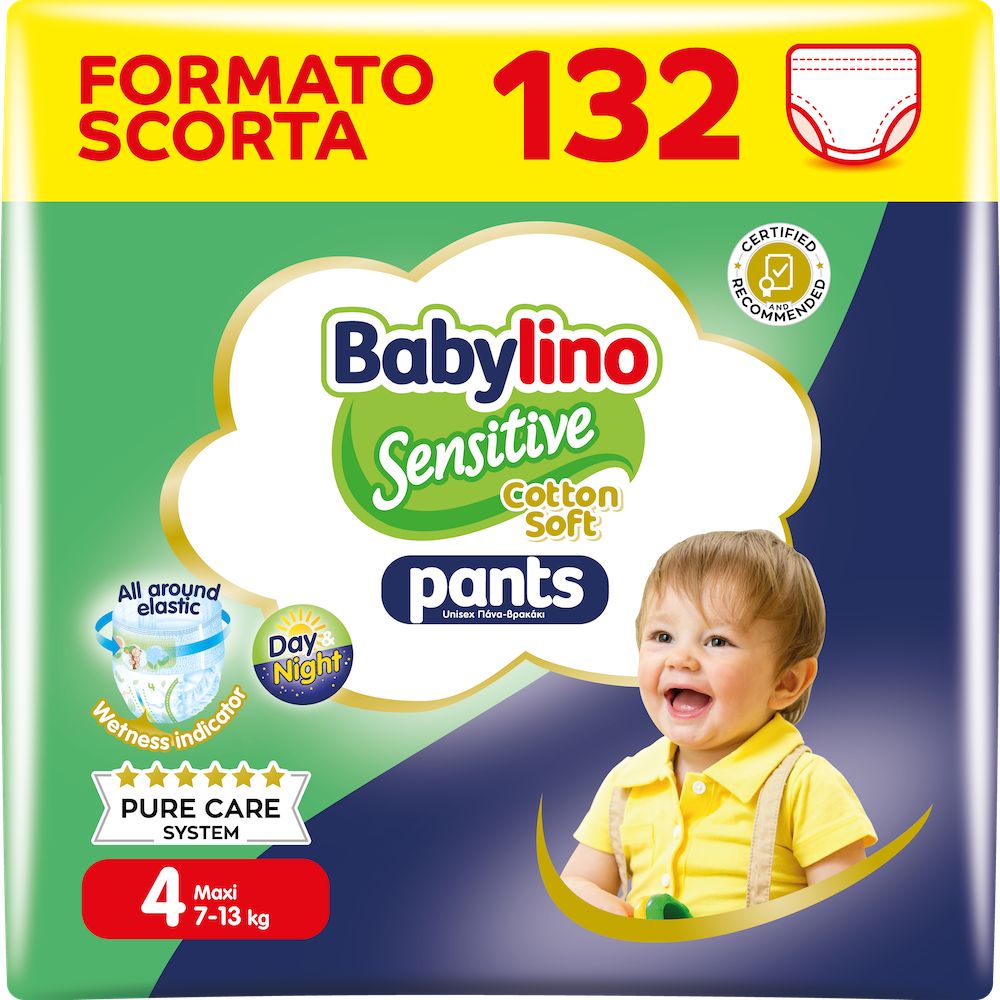 Babylino Sensitive Cotton Soft Pannolini Mutandina Taglia 4, Pants Maxi (7-13kg), 132 Unità