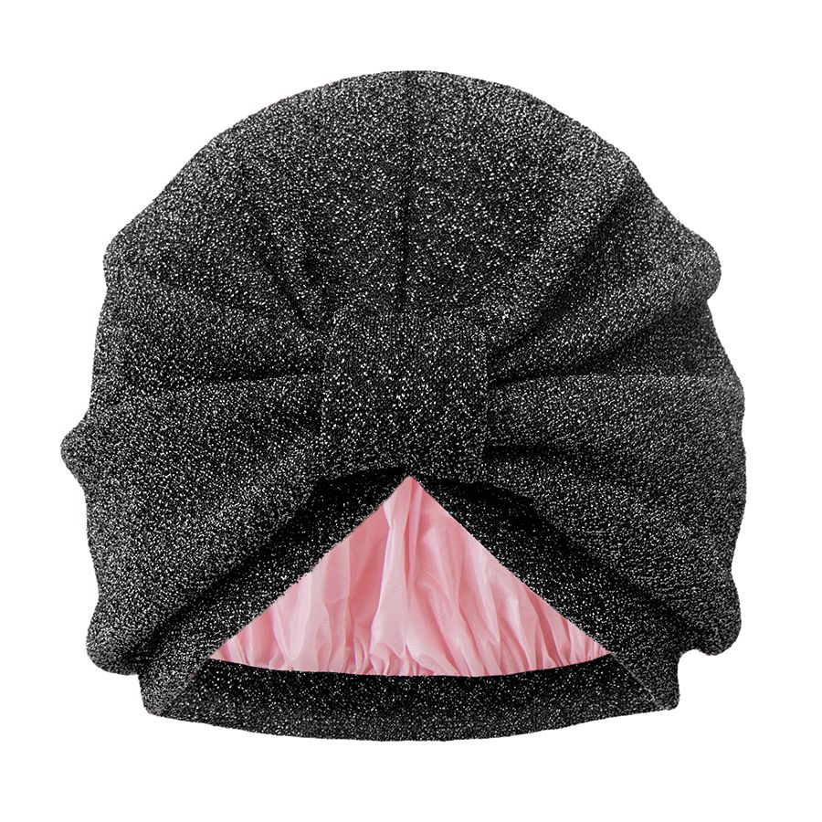 Schwarze Duschhaube mit rosa Innenfutter. Glitzerndes Material mit Schleifen-Design.