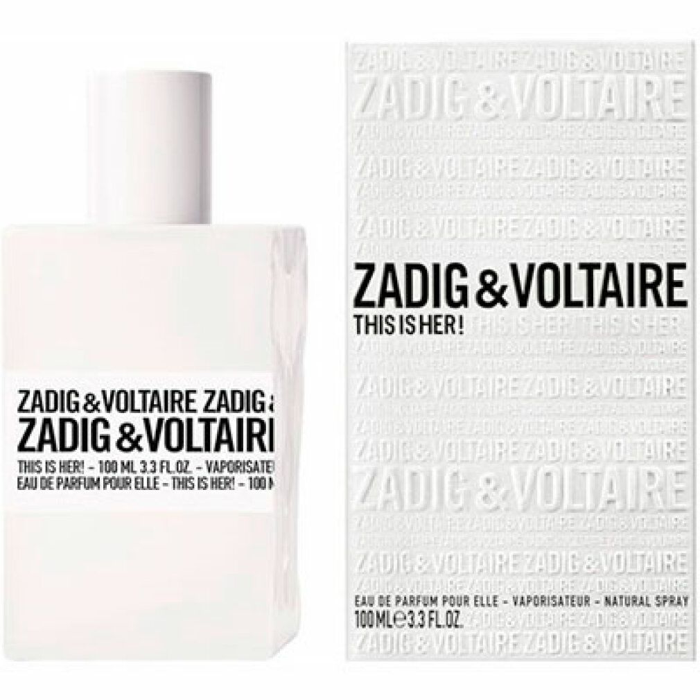 Weißer Flakon und Verpackung. Aufschrift: Zadig & Voltaire, This is Her! Text: Eau de Parfum pour elle, 100ml.