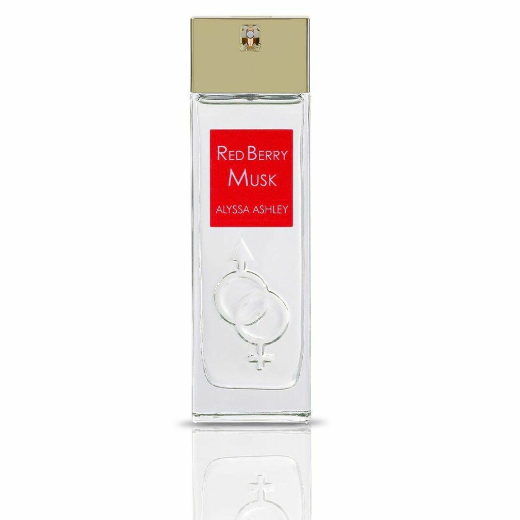 Alyssa Ashley Red Berry Musk Eau de Parfum Spray. Rechteckige Flasche mit rotem Etikett und goldenem Deckel. Logo und Produktname.