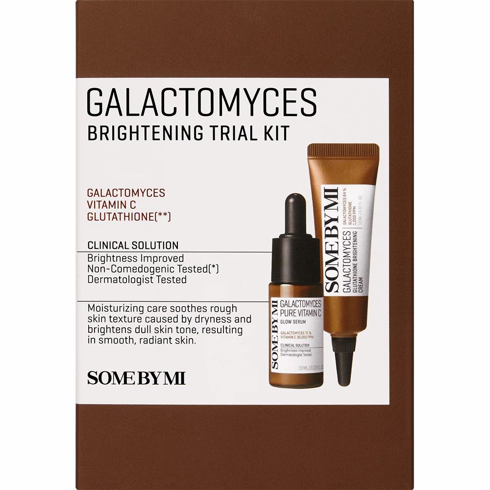 SOME BY MI Galactomyces Brightening Trial Kit. Braune Verpackung mit zwei Produkten. Flasche und Tube mit weißer Schrift.