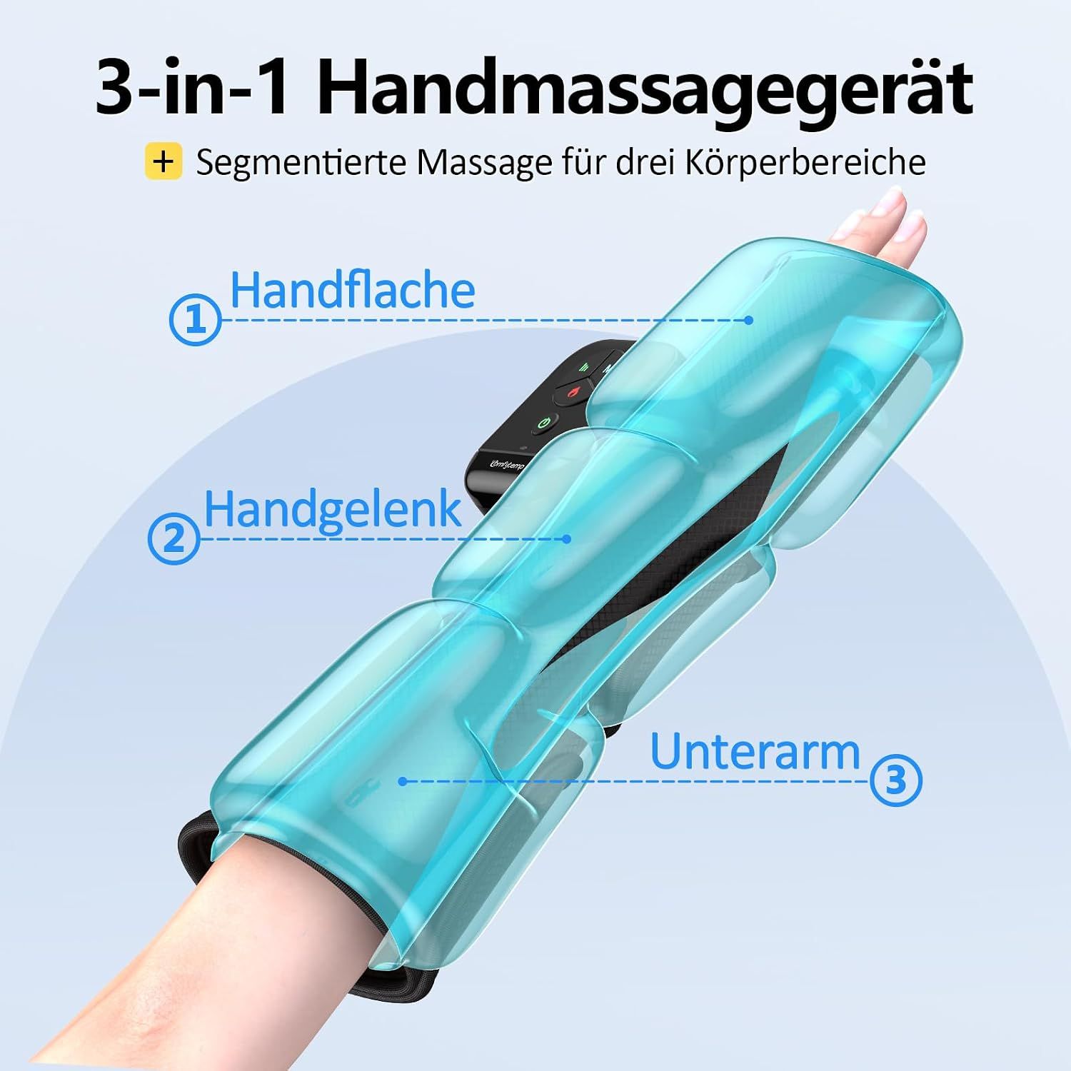 Blaues Handmassagegerät mit transparenten Segmenten für Handfläche, Handgelenk und Unterarm.