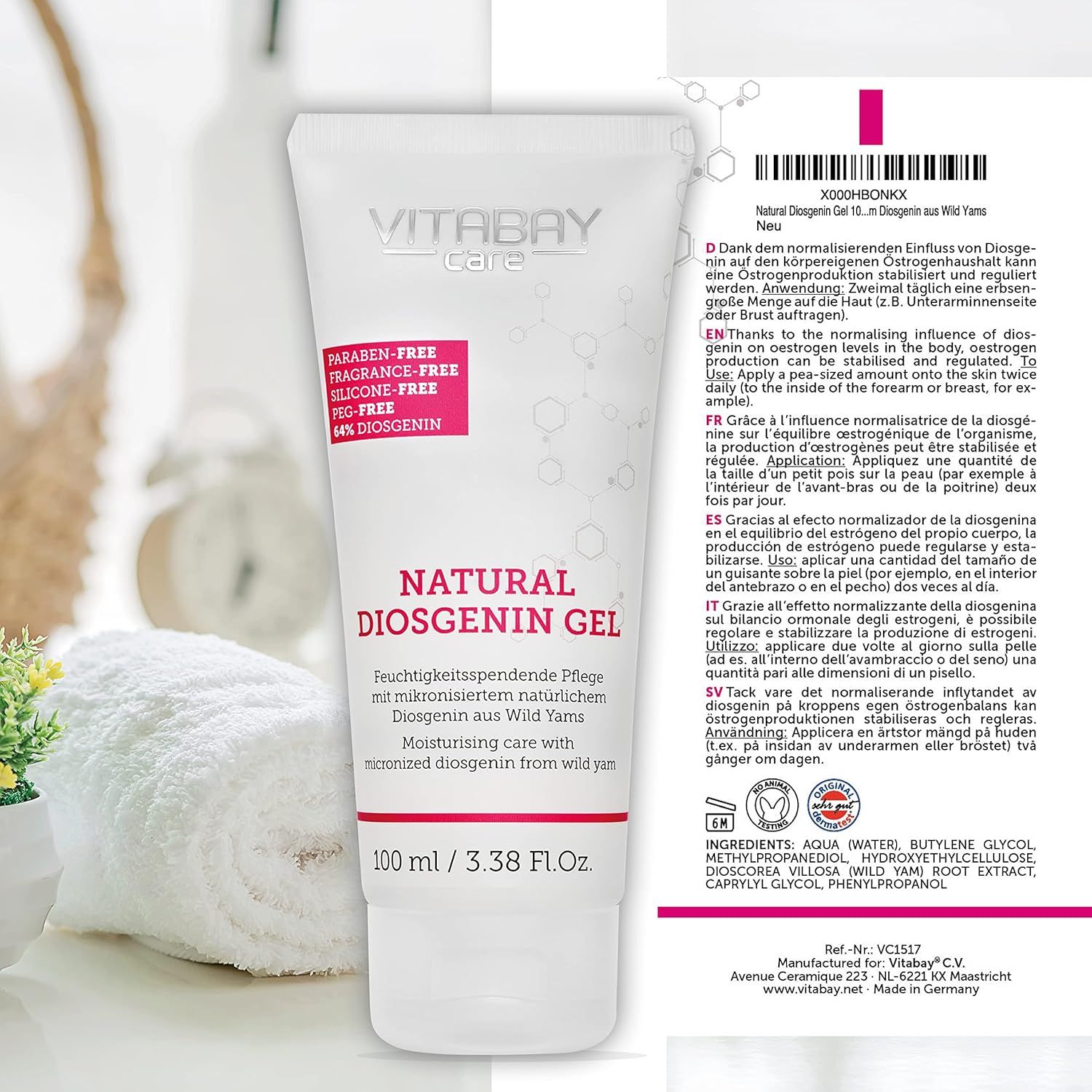 Tube Natural Diosgenin Gel neben Handtuch. Text: Feuchtigkeitspendende Pflege mit mikronisiertem Diosgenin aus Wild Yams. Inhaltsstoffe.