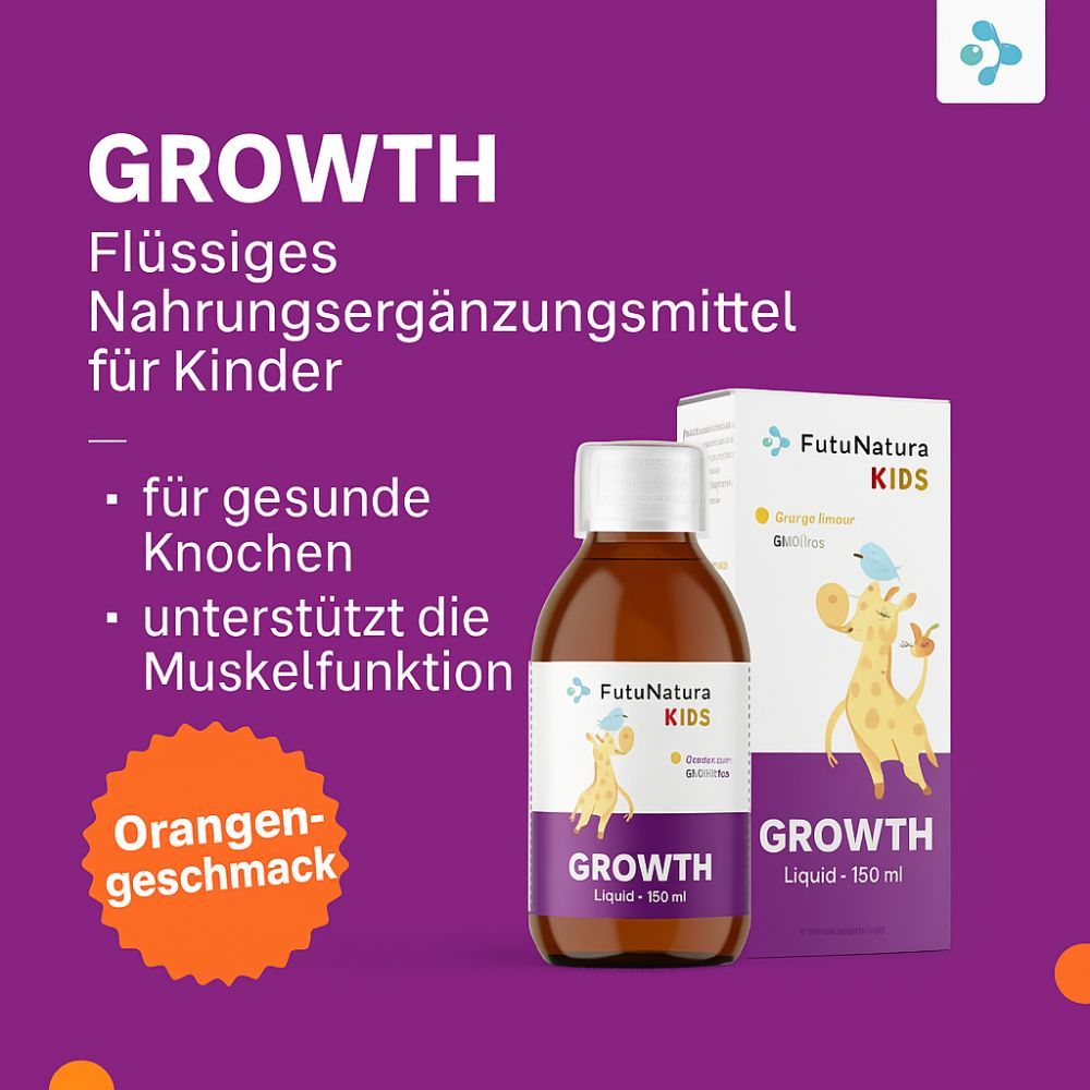 Flasche und Verpackung von FutuNatura Kids Growth. Flüssiges Nahrungsergänzungsmittel für Kinder.