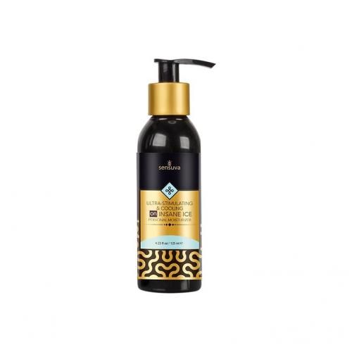 Schwarze Flasche mit goldenem Pumpkopf. Etikett mit Produktnamen und Logo. Text: Ultra-Stimulating & Cooling ON Insane Ice.