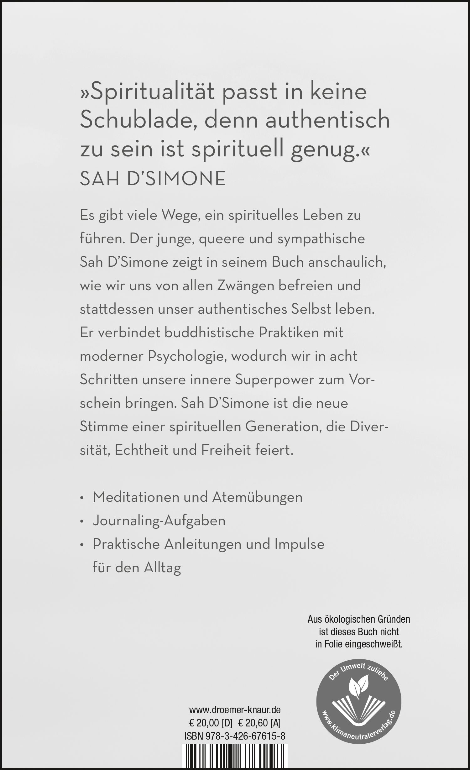 Buchrückseite: Text über Spiritualität. Autor: Sah D'Simone. Auflistung von Inhalten. Logo "Der Umwelt zuliebe".