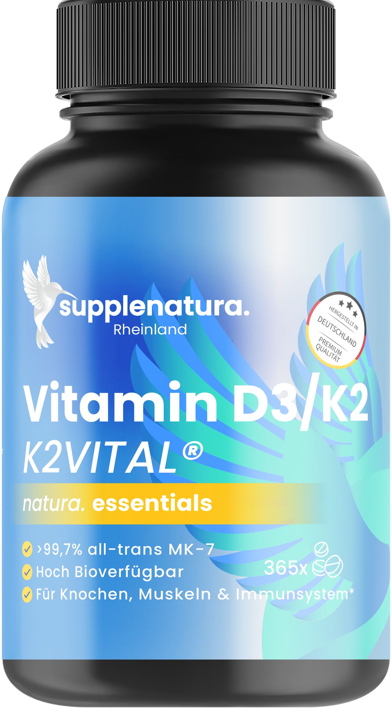 Schwarze Flasche mit Vitamin D3/K2 Tabletten. Aufschrift: supplenatura Rheinland, K2VITAL, Premium Qualität. 365 Tabletten.