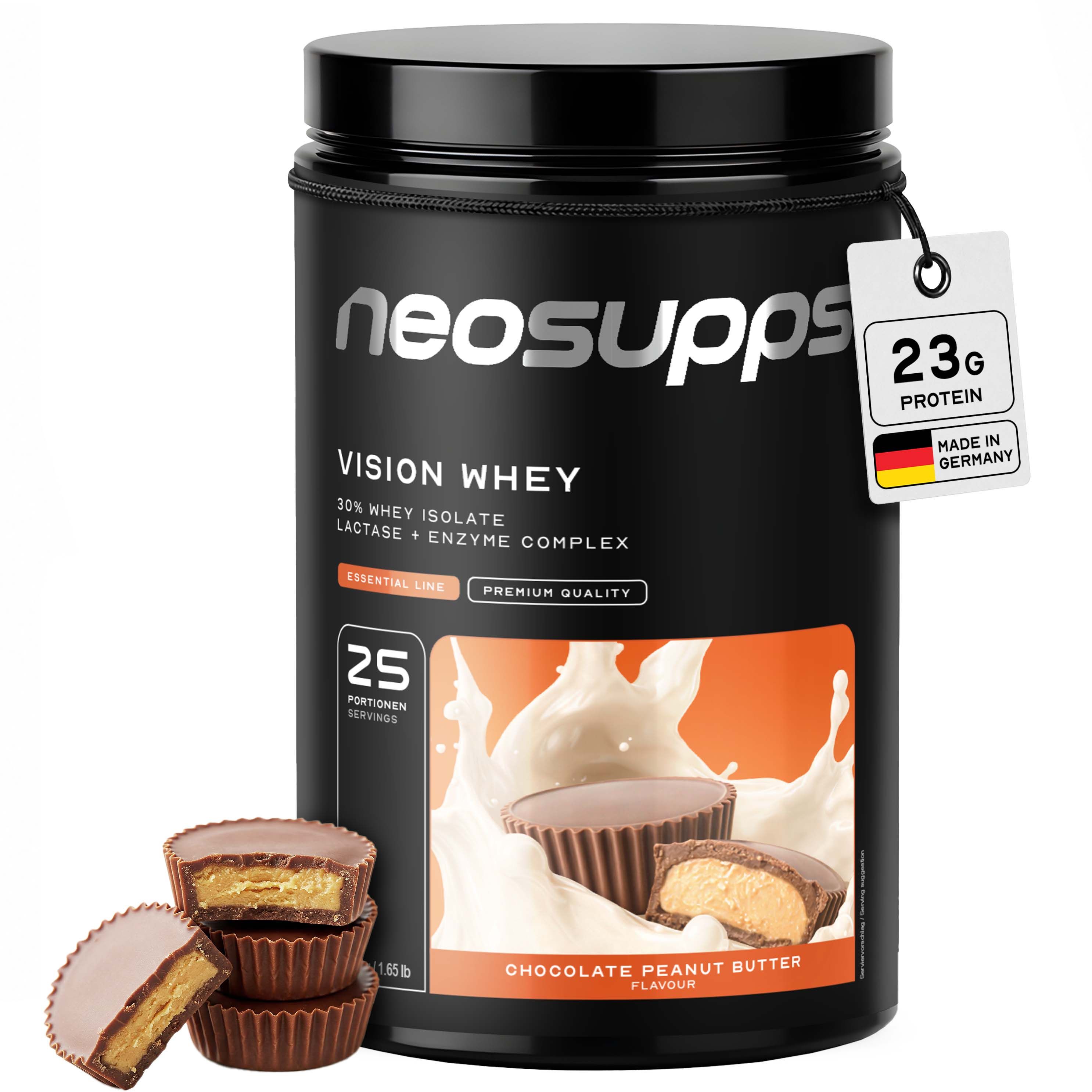 Neosupps Vision Whey Protein Dose, Schoko-Erdnussbutter Geschmack. Enthält 23g Protein pro Portion. Made in Germany.