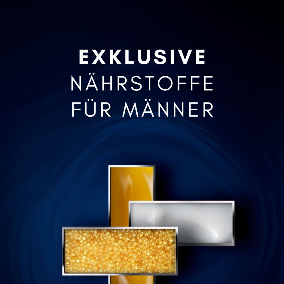 Text: EXKLUSIVE NÄHRSTOFFE FÜR MÄNNER. Drei rechteckige Behälter mit Inhalten in Gelb, Weiß und Gold.