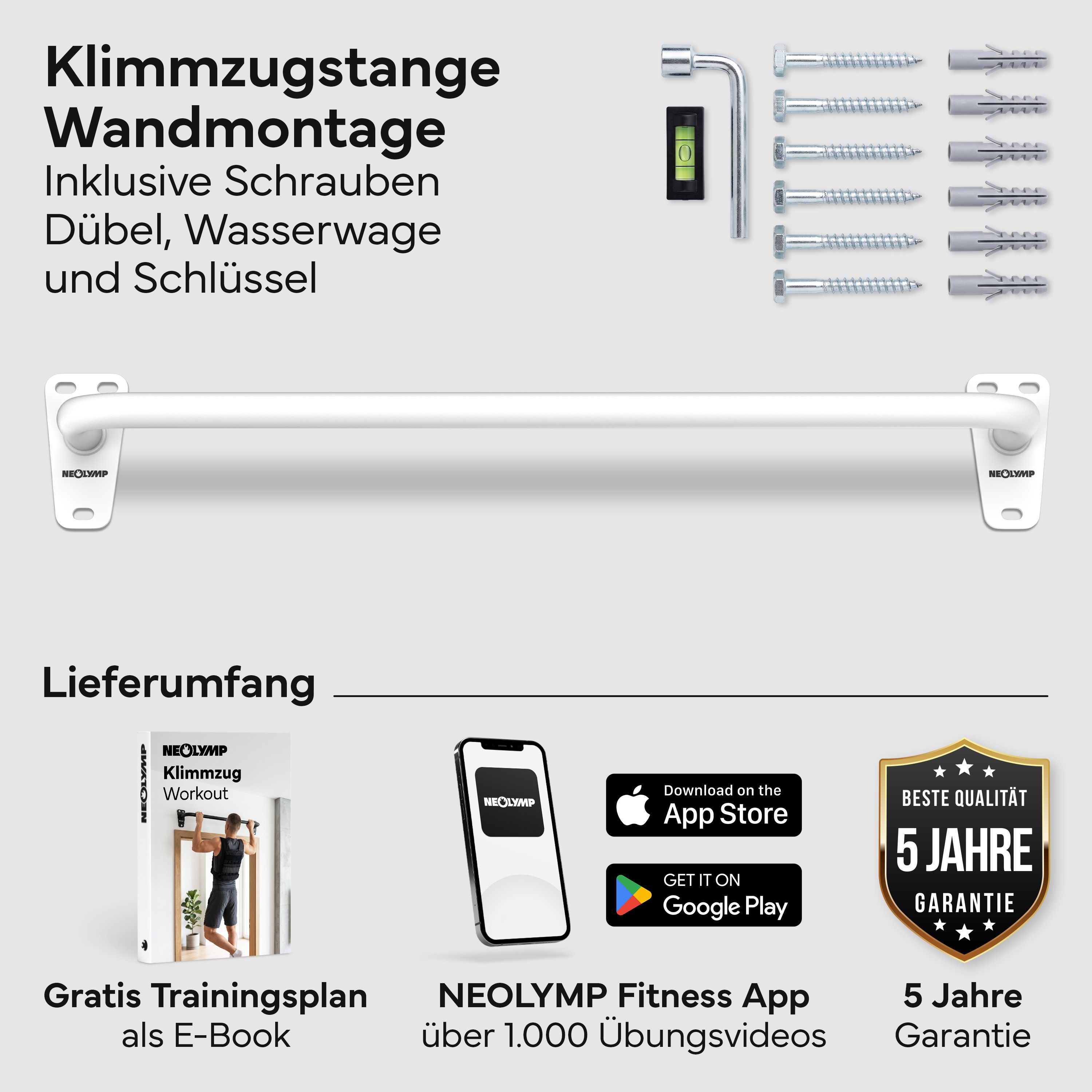 Weiße Klimmzugstange für Wandmontage mit Schrauben, Dübeln, Wasserwaage und Schlüssel. Inklusive E-Book und App.