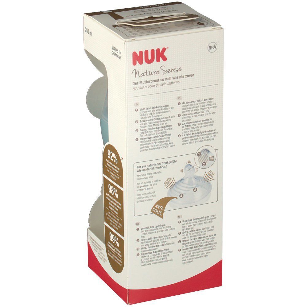 Verpackung der Babyflasche NUK Nature Sense. Rückseite mit Produktinformationen, Illustrationen und Prozentangaben. BPA-frei.