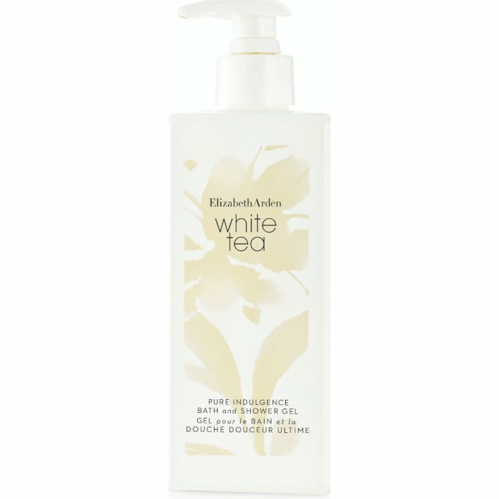 Weißes Duschgel mit Pumpverschluss. Aufschrift: Elizabeth Arden White Tea. 13 Fl.oz. 390ml.