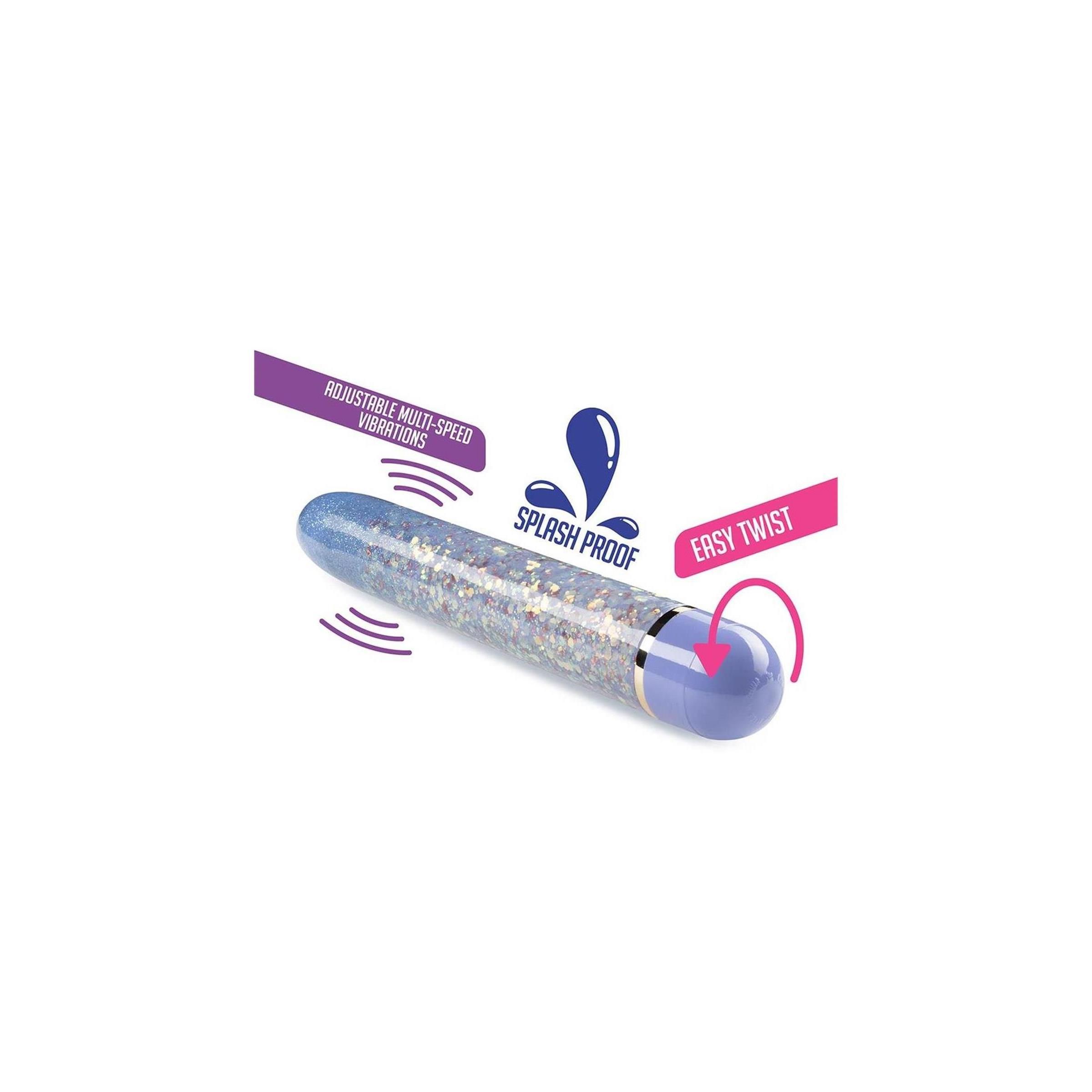 Blaues, glitzerndes Wellness-Produkt mit Text: 'Adjustable Multi-Speed Vibrations', 'Splash Proof', 'Easy Twist'.