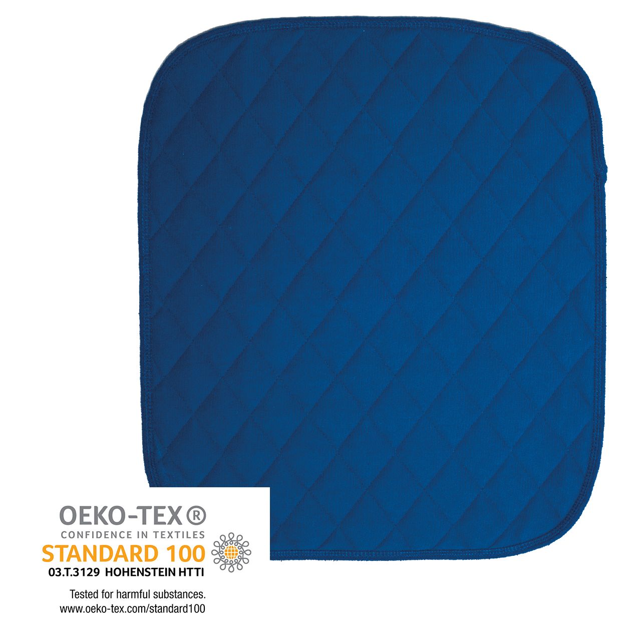 Blaue Sitzauflage mit Anti-Rutsch Noppen. Quadratisch, gesteppt. Oeko-Tex Standard 100 Zertifizierung.