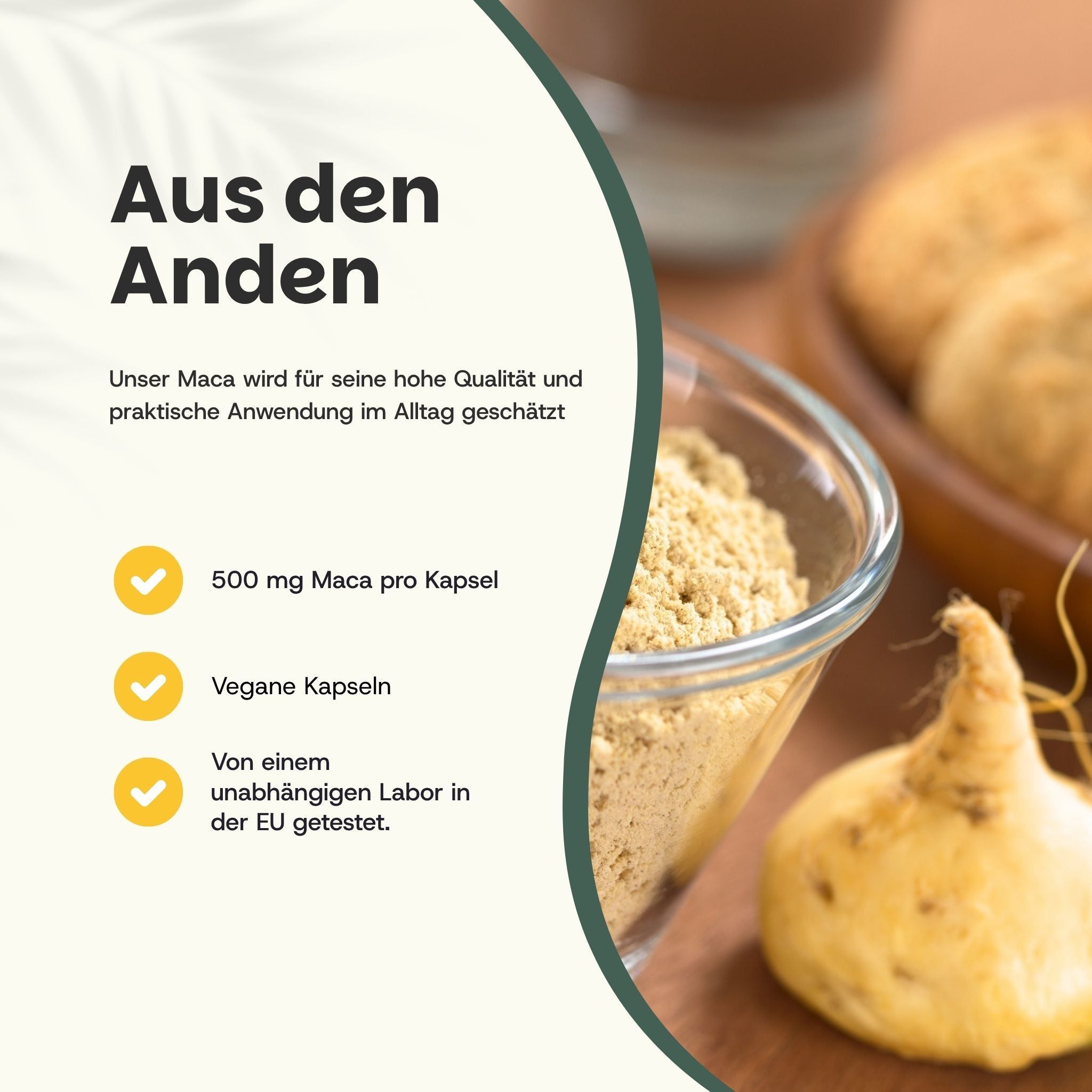 Schüssel mit Pulver, Maca-Wurzel und Text. 500 mg Maca pro Kapsel. Vegane Kapseln. Laborgetestet.