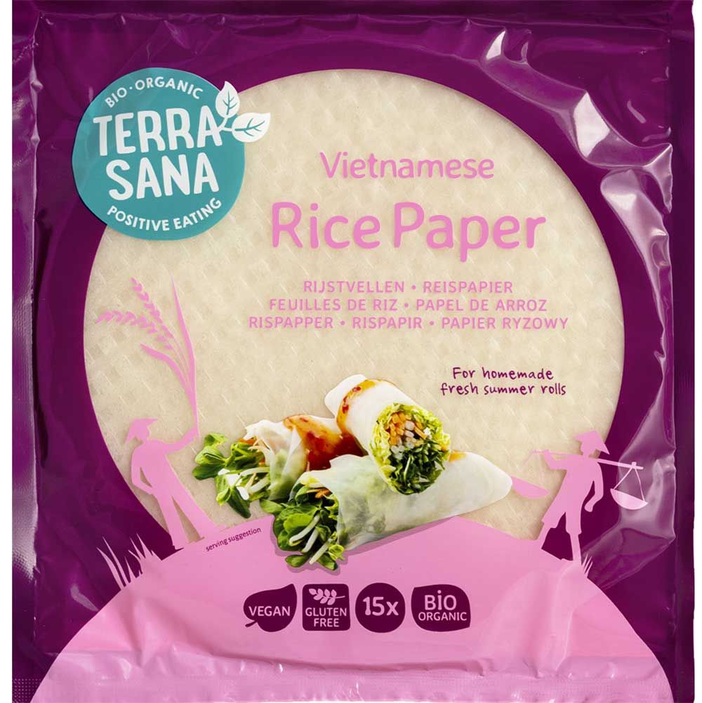 Verpackung mit Reispapier. Aufschrift: TERRA SANA, BIO-ORGANIC, Glutenfrei, Vegan. Abbildung von Sommerrollen.