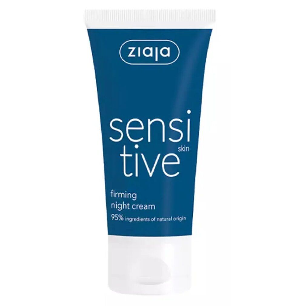 Blaue Tube mit weißem Deckel. Aufschrift: sensitive skin, firming night cream. Marke Ziaja.