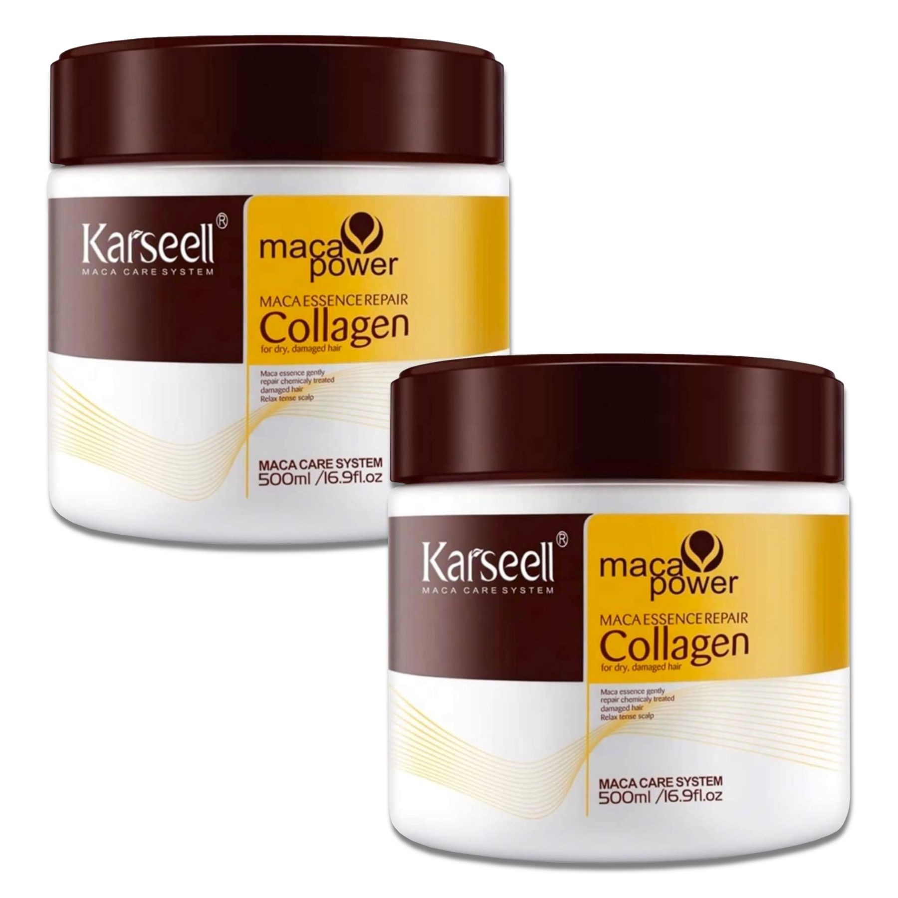 Zwei weiße Tiegel mit braunen Deckeln. Aufschrift: Karseell, Maca Power Collagen. Text: Maca Essence Repair.