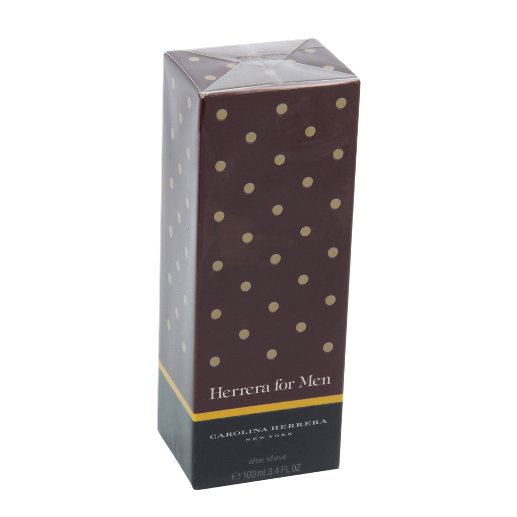 After Shave-Verpackung. Rechteckige, braune Schachtel mit goldenen Punkten. Aufschrift: Herrera for Men, Carolina Herrera, After Shave.