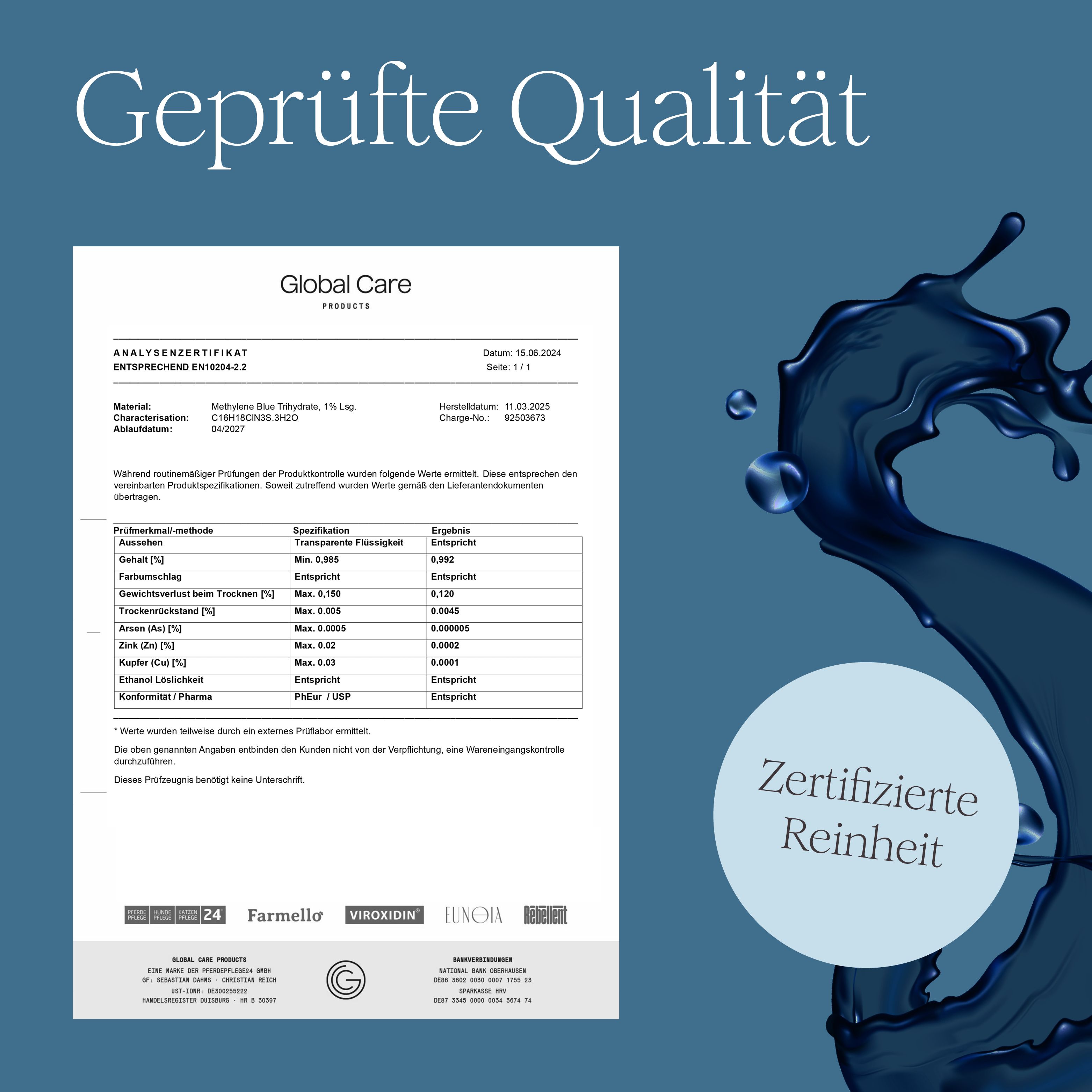 Zertifizierungsdokument mit Analyseergebnissen. Geprüfte Qualität. Zertifizierte Reinheit. Global Care Products.