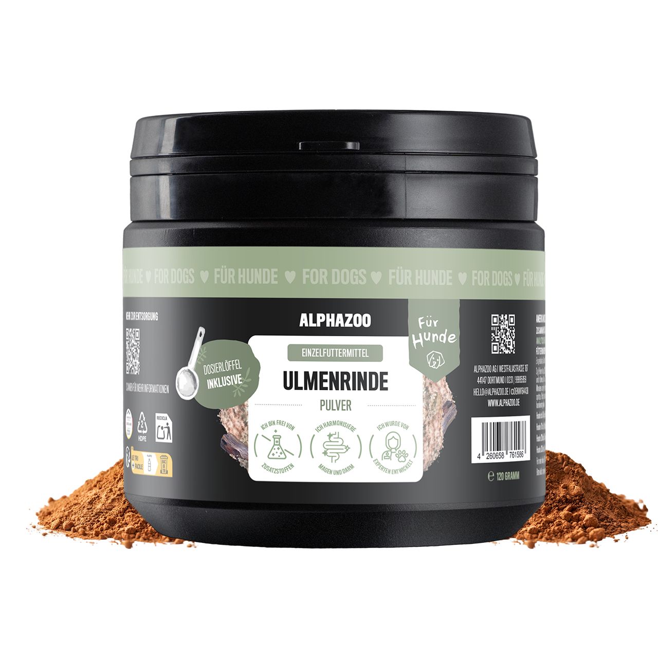 Schwarze Dose mit braunem Pulver. Text: ALPHA ZOO, Einzel-Futtermittel, ULMENRINDE PULVER, Für Hunde. Dosierlöffel inklusive. 120g.
