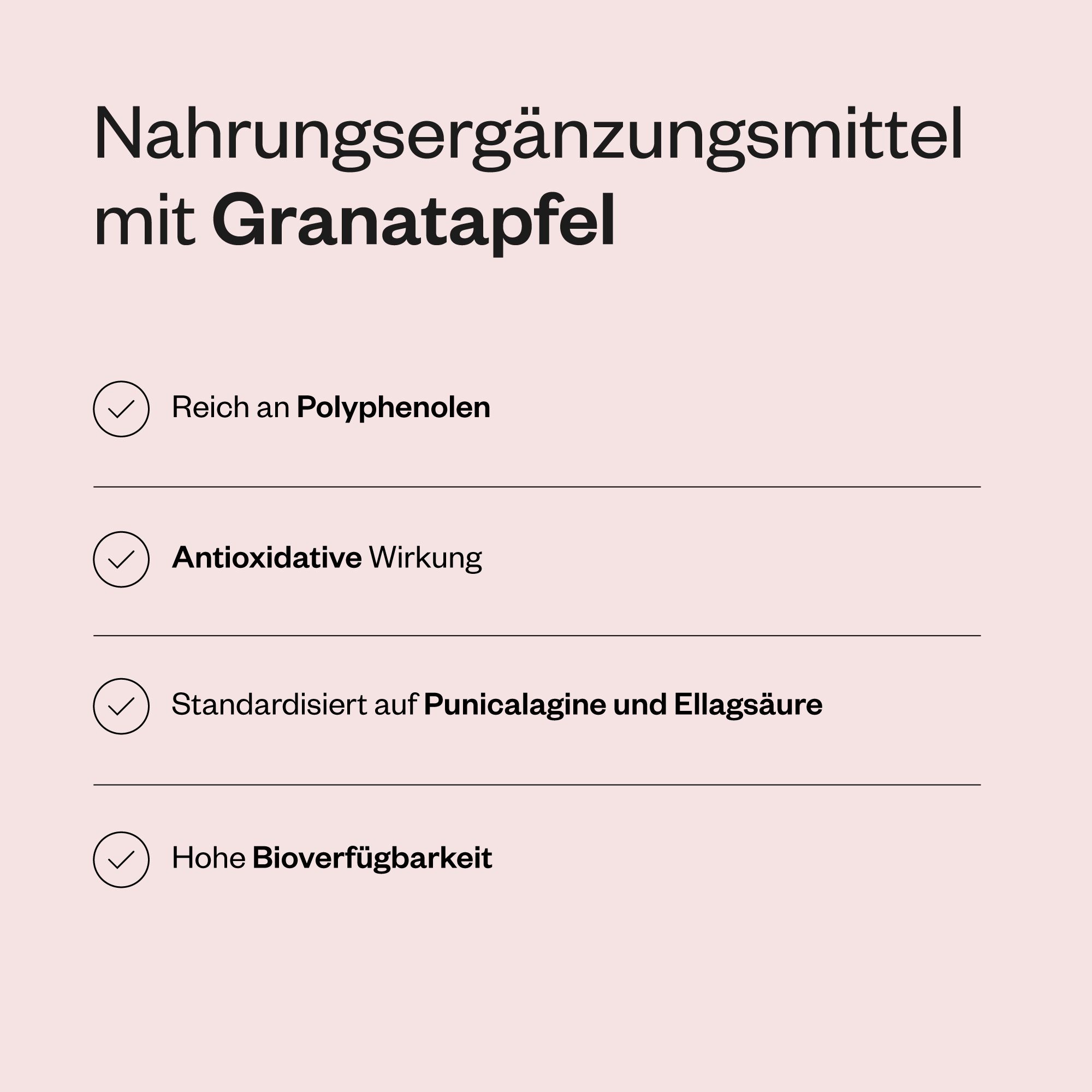 Text auf rosa Hintergrund: Nahrungsergänzungsmittel mit Granatapfel. Aufzählungspunkte: Reich an Polyphenolen, antioxidative Wirkung, etc.