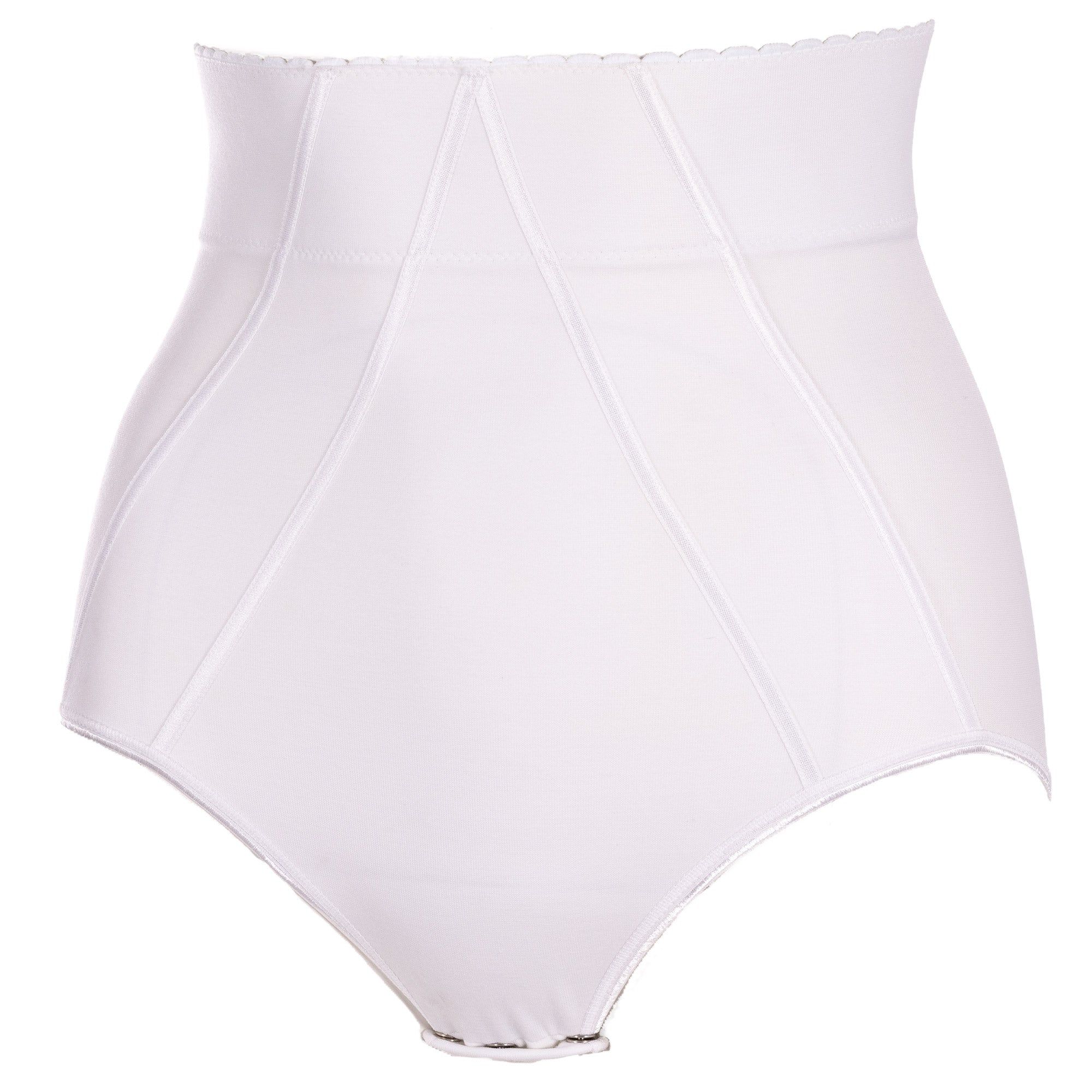 Weißer Miederhose mit hohem Bund. Baumwolle. Vertikale Nähte. Hoher Bund. Angedeutete Beinabschlüsse.