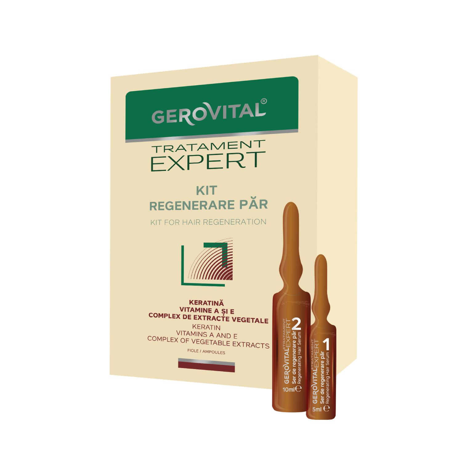 Gerovital Expert Kit. Ampullen-Packung mit zwei Größen. Aufdrucke: Keratin, Vitamine, Pflanzenextrakte. Beige Verpackung.