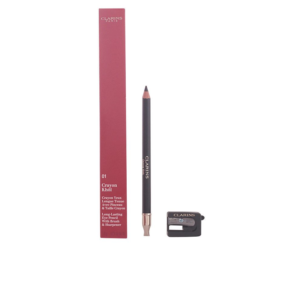 Schwarzer Kajalstift, rote Verpackung, Spitzer. Aufschrift: Clarins, 01 Crayon khôl.