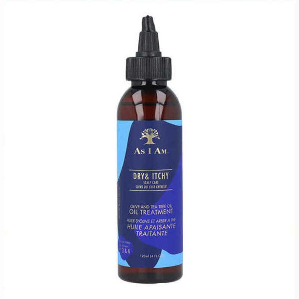 Braune Flasche mit schwarzem Applikator. Etikett mit Logo und Text: Dry & Itchy Scalp Care, Olive & Tea Tree Oil Treatment.