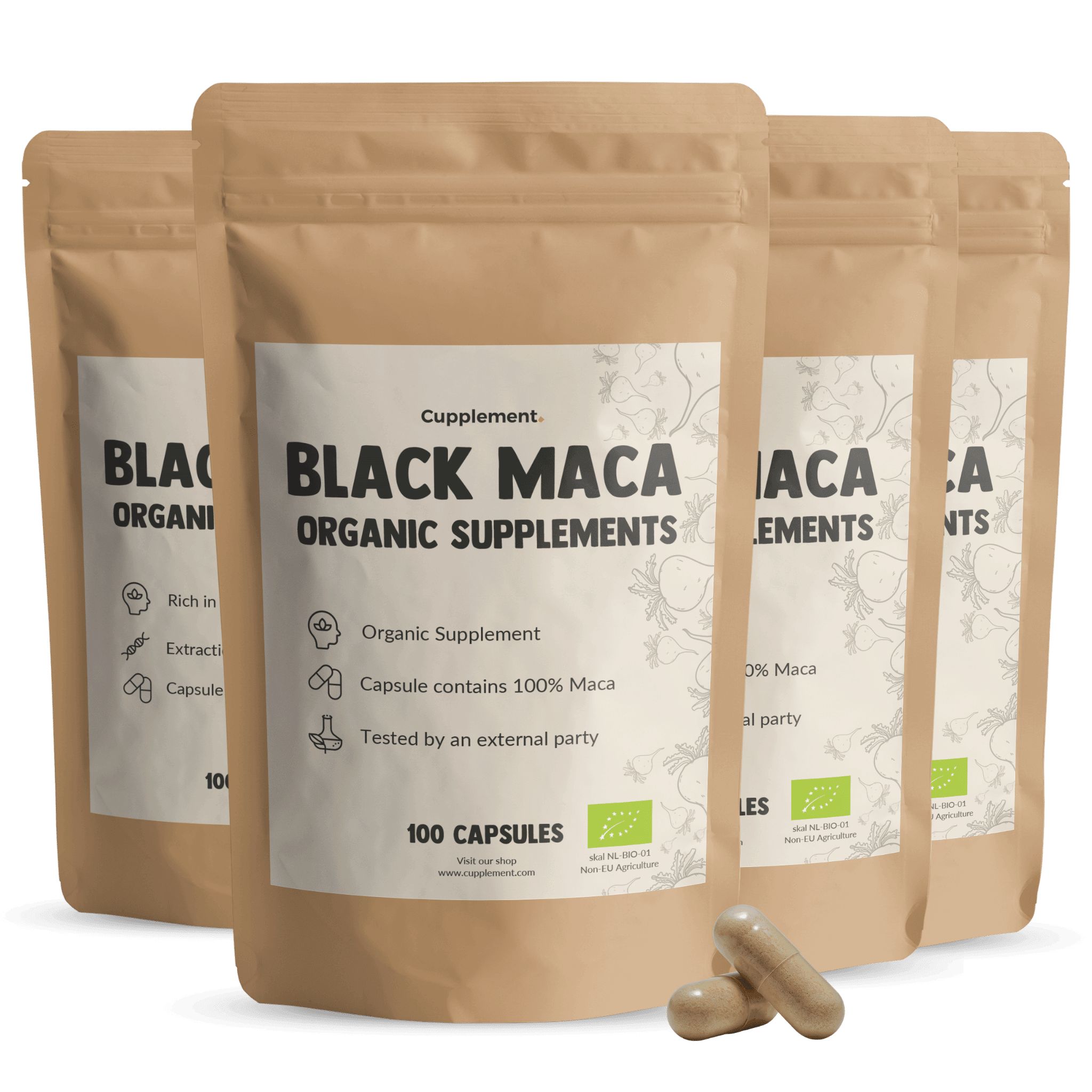 Beutel mit Kapseln. Aufschrift: Black Maca Organic Supplements. Enthält 100 Kapseln. Zwei Kapseln liegen daneben.
