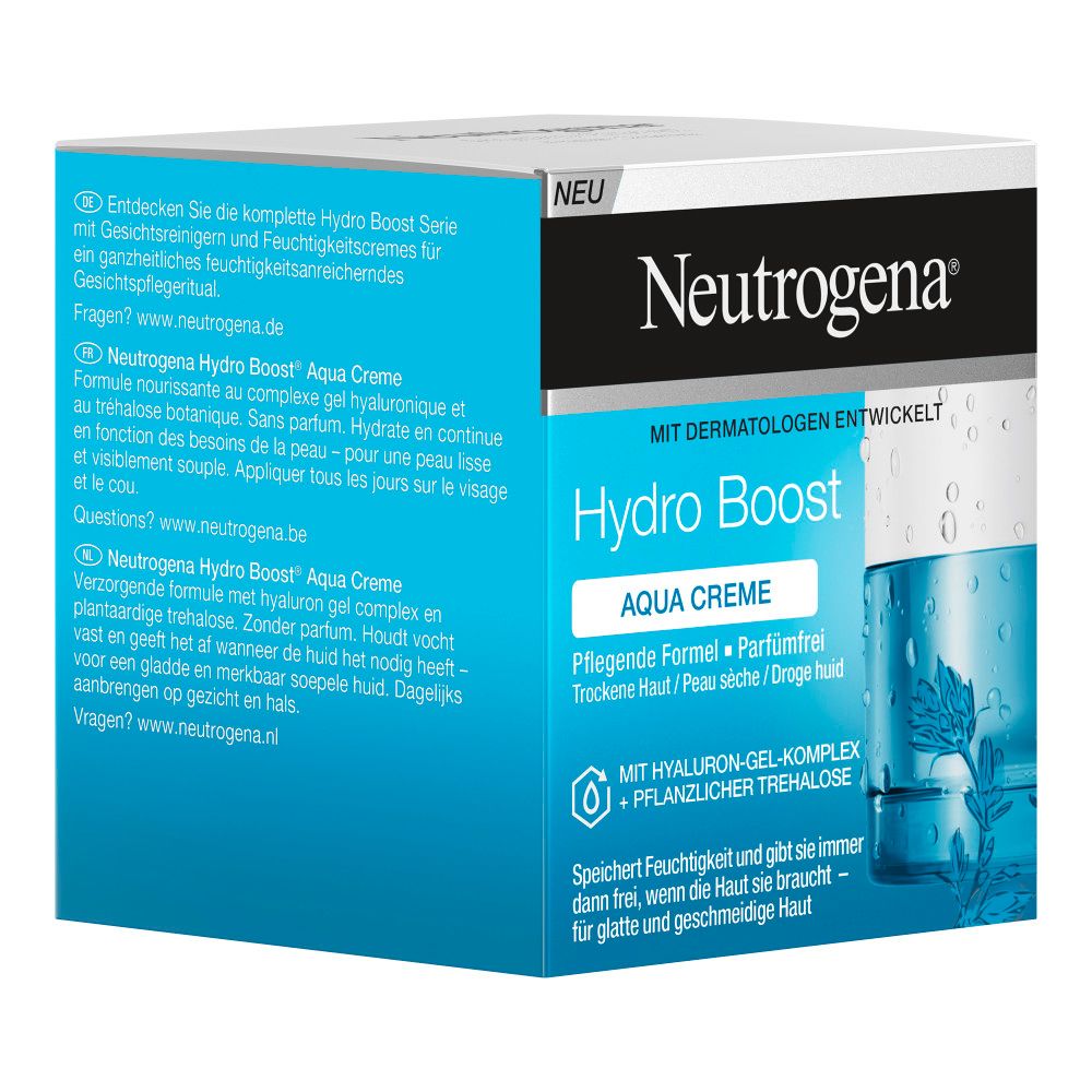 Rückseite der Hydro Boost Aqua Creme-Verpackung. Text in Deutsch, blau-weißer Hintergrund.