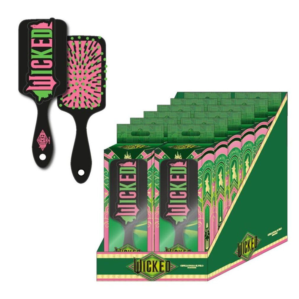 Zwei schwarze Haarbürsten mit rosa und grünen Borsten und Logo. Display mit verpackten Bürsten in grüner Verpackung.