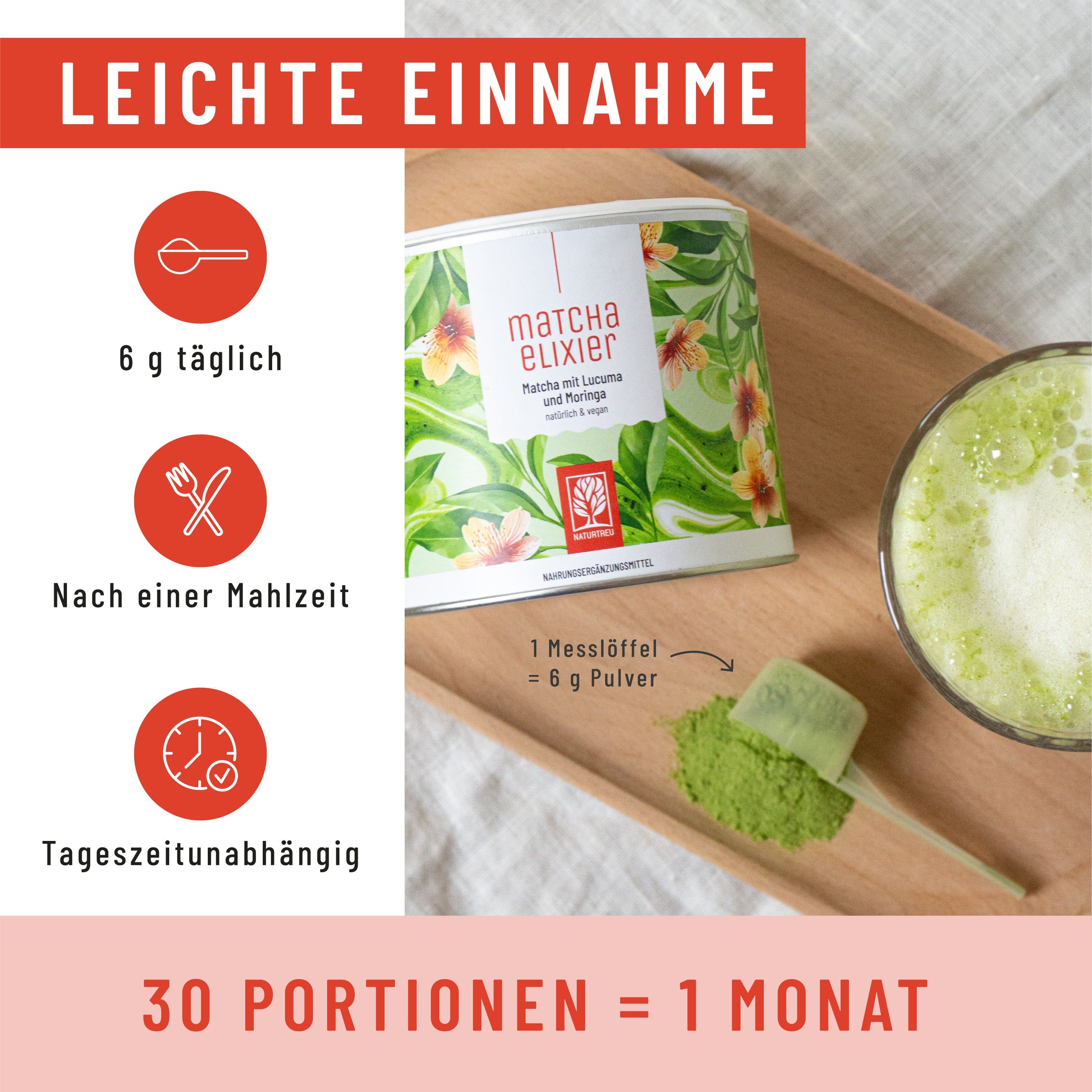 Dose Matcha Elixier, Messlöffel mit Pulver, Matcha Latte im Glas. Text: 30 Portionen = 1 Monat. Zusätzliche Text- und Icon-Informationen.