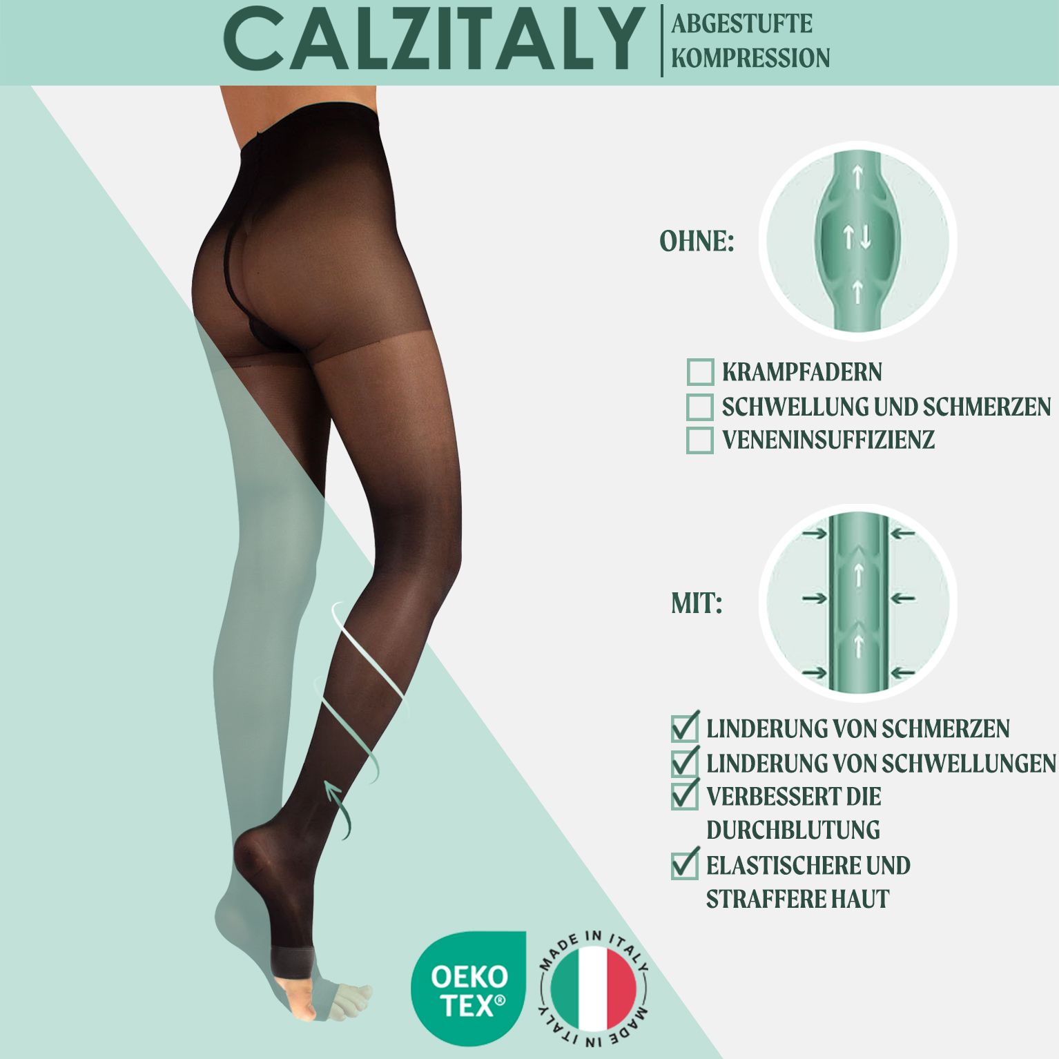 CALZITALY Strumpfhose mit offener Zehenpartie. Vorteile: Schmerzlinderung, Schwellungsreduktion, verbesserte Durchblutung. Made in Italy.