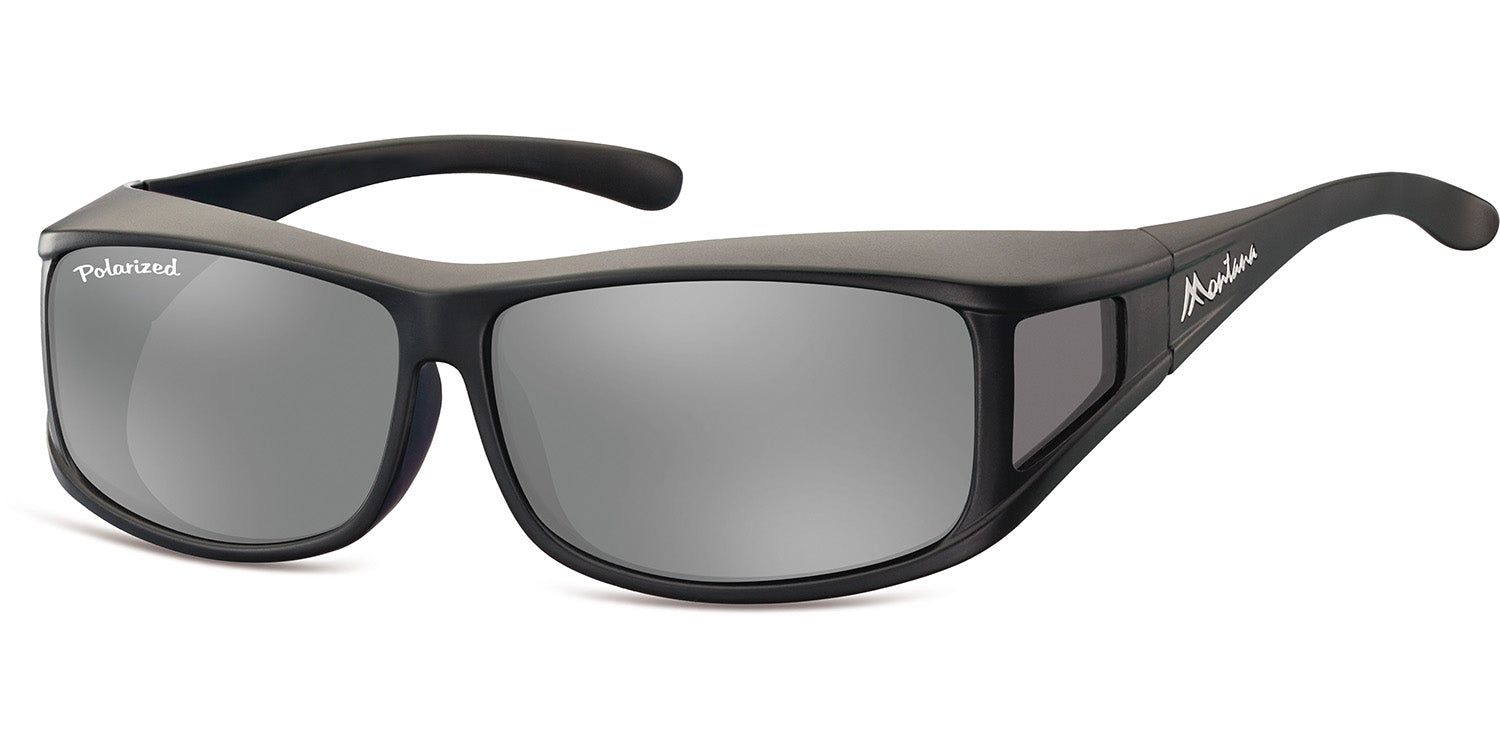 Schwarze Montana Eyewear Cairo Sonnen-Überbrille mit grauen Gläsern. Polarisiert. Seitlicher Schutz. Markenschriftzug.
