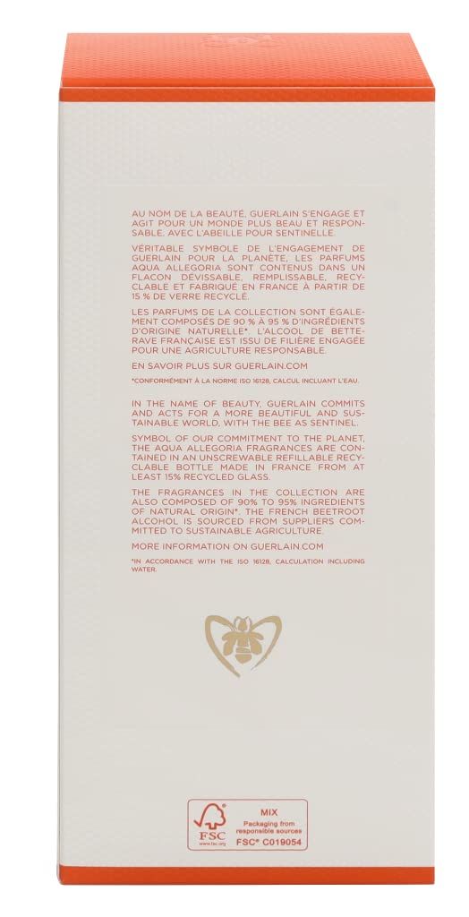 Verpackung mit Text und Logo. Text: Informationen über Guerlain und die Aqua Allegoria-Reihe. FSC-Logo.